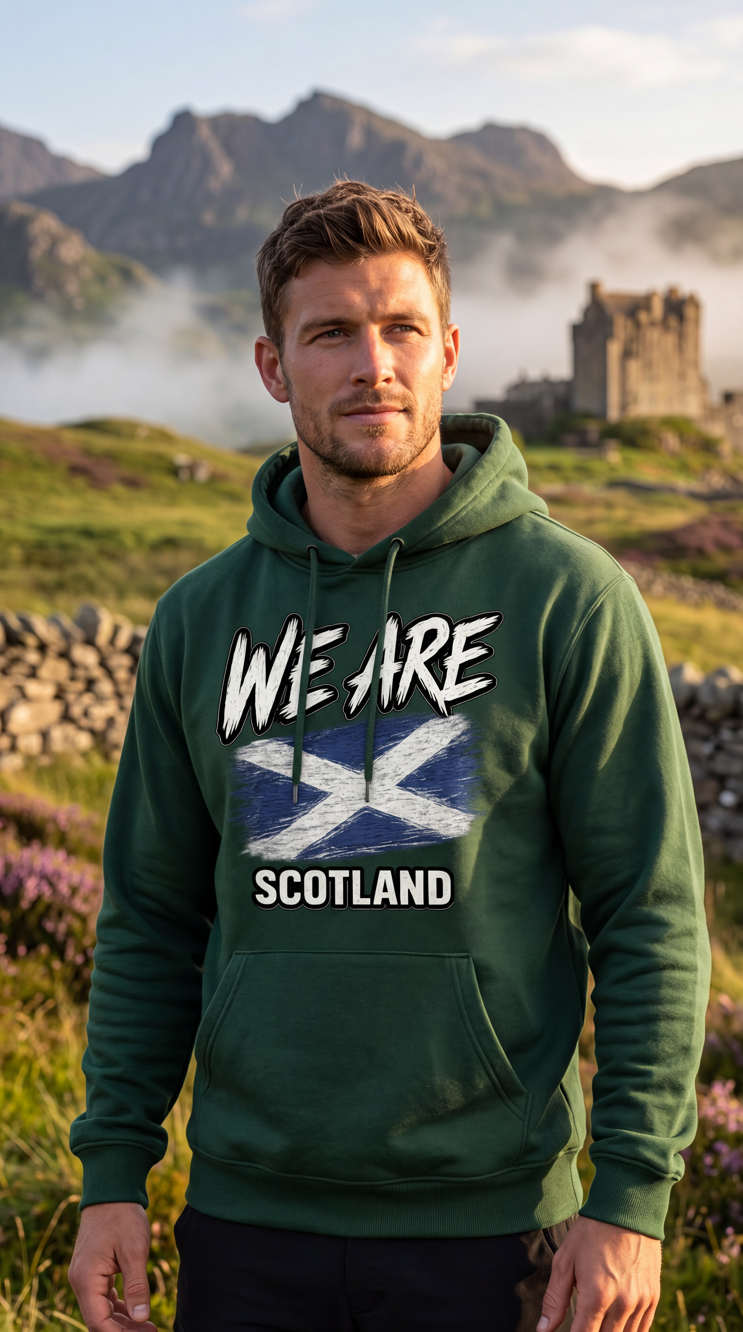 A man wearing a dark green hoodie with 'WE ARE SCOTLAND' and a Scottish flag graphic printed on the front, standing outdoors in a scenic landscape with mountains and a castle in the background.