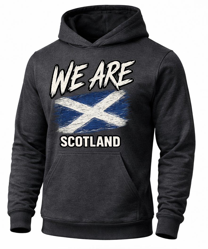 A dark charcoal gray hoodie featuring a distressed graphic print of the Scottish flag with the text 'WE ARE SCOTLAND' in white.
