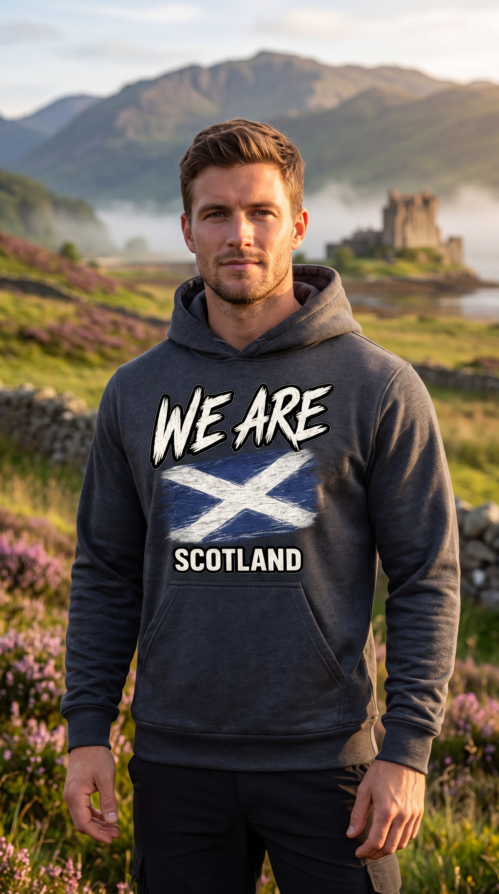 A man wearing a dark gray hoodie with a 'WE ARE SCOTLAND' graphic featuring the Scottish flag, standing in a scenic outdoor landscape with mountains and purple heather in the background.
