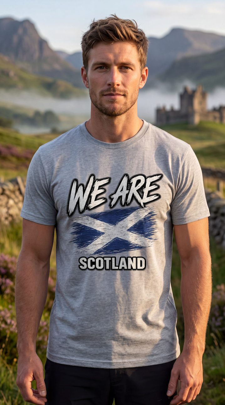 A man wearing a heather gray graphic t-shirt with 'WE ARE SCOTLAND' and a distressed blue-and-white Saltire flag design, set against a scenic Scottish landscape background.