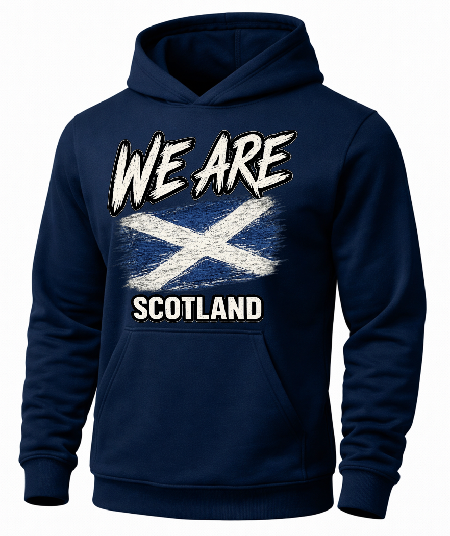 A navy blue pullover hoodie featuring a distressed white graphic of the Scottish flag with the text 'WE ARE SCOTLAND' printed on the front.
