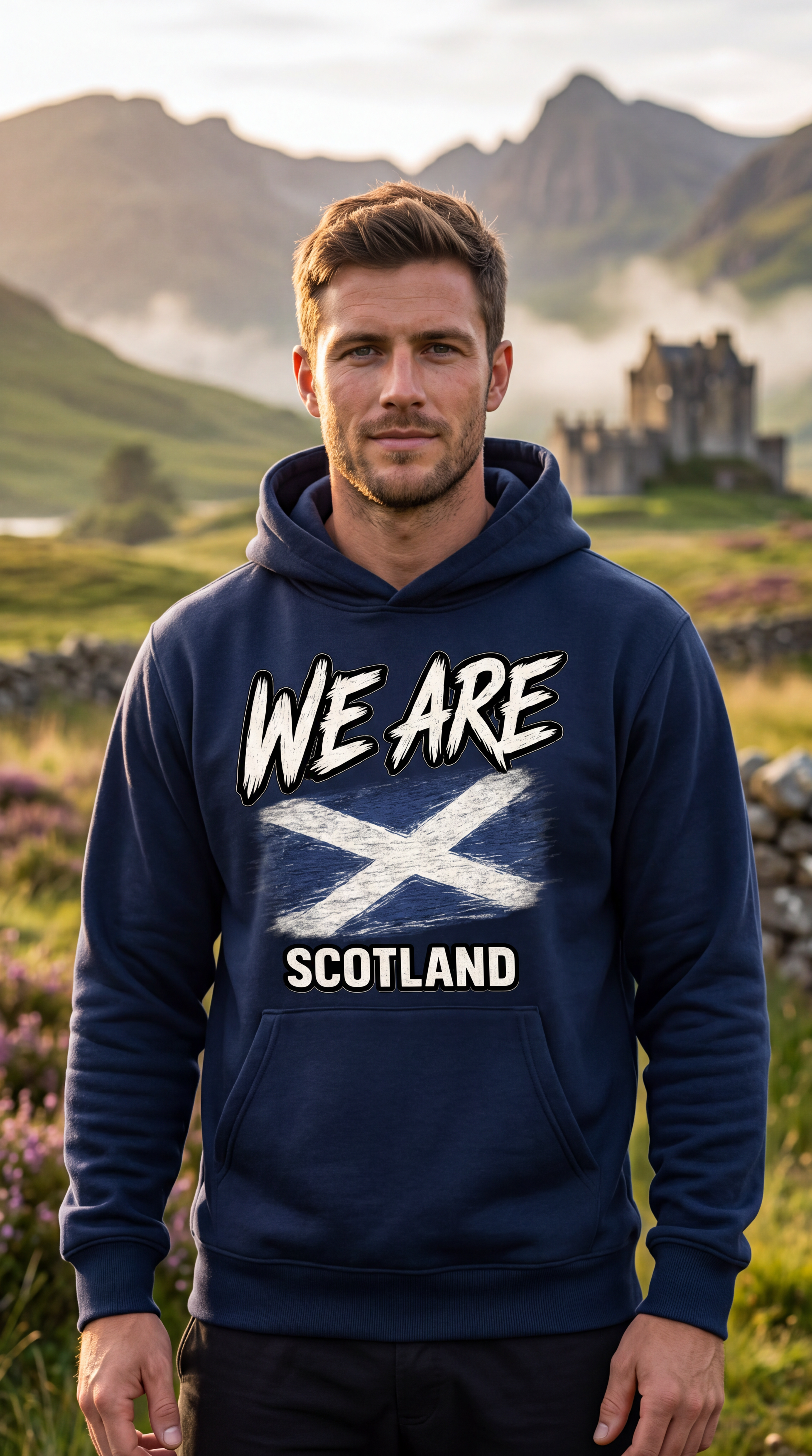 A man wearing a navy blue hoodie with a white graphic print that reads 'WE ARE SCOTLAND' and features the Scottish flag, standing in a scenic outdoor landscape with mountains and a castle in the background.