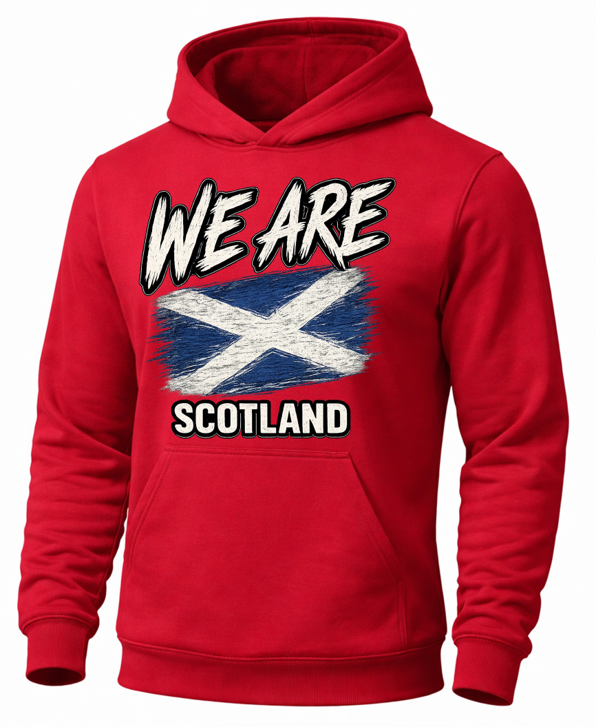 A red pullover hoodie featuring a distressed graphic of the Scottish flag with the text 'WE ARE SCOTLAND' printed on the front.