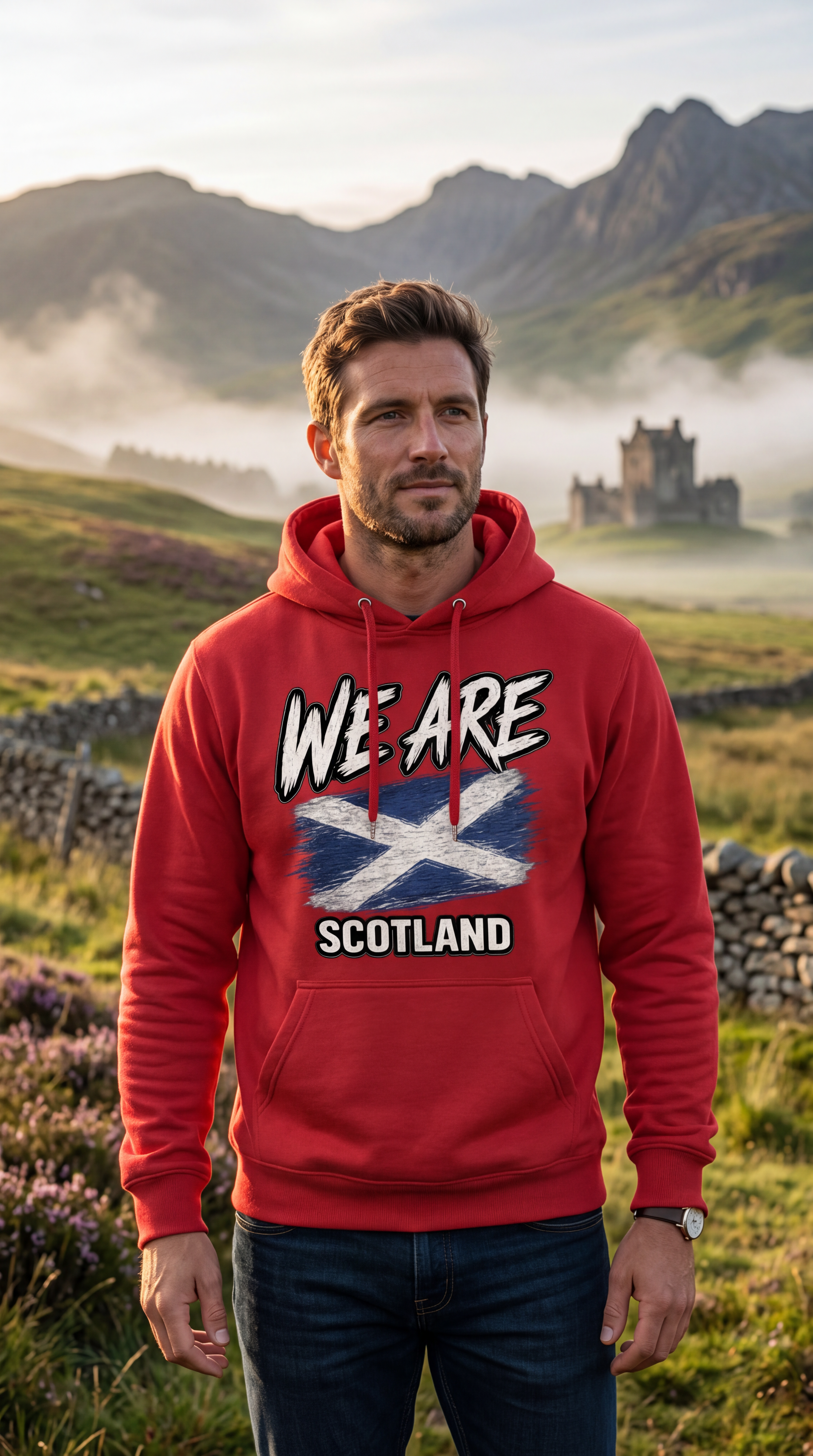 A man wearing a red hoodie with a 'WE ARE SCOTLAND' graphic featuring the Scottish flag stands in a misty mountain landscape with a castle in the background.