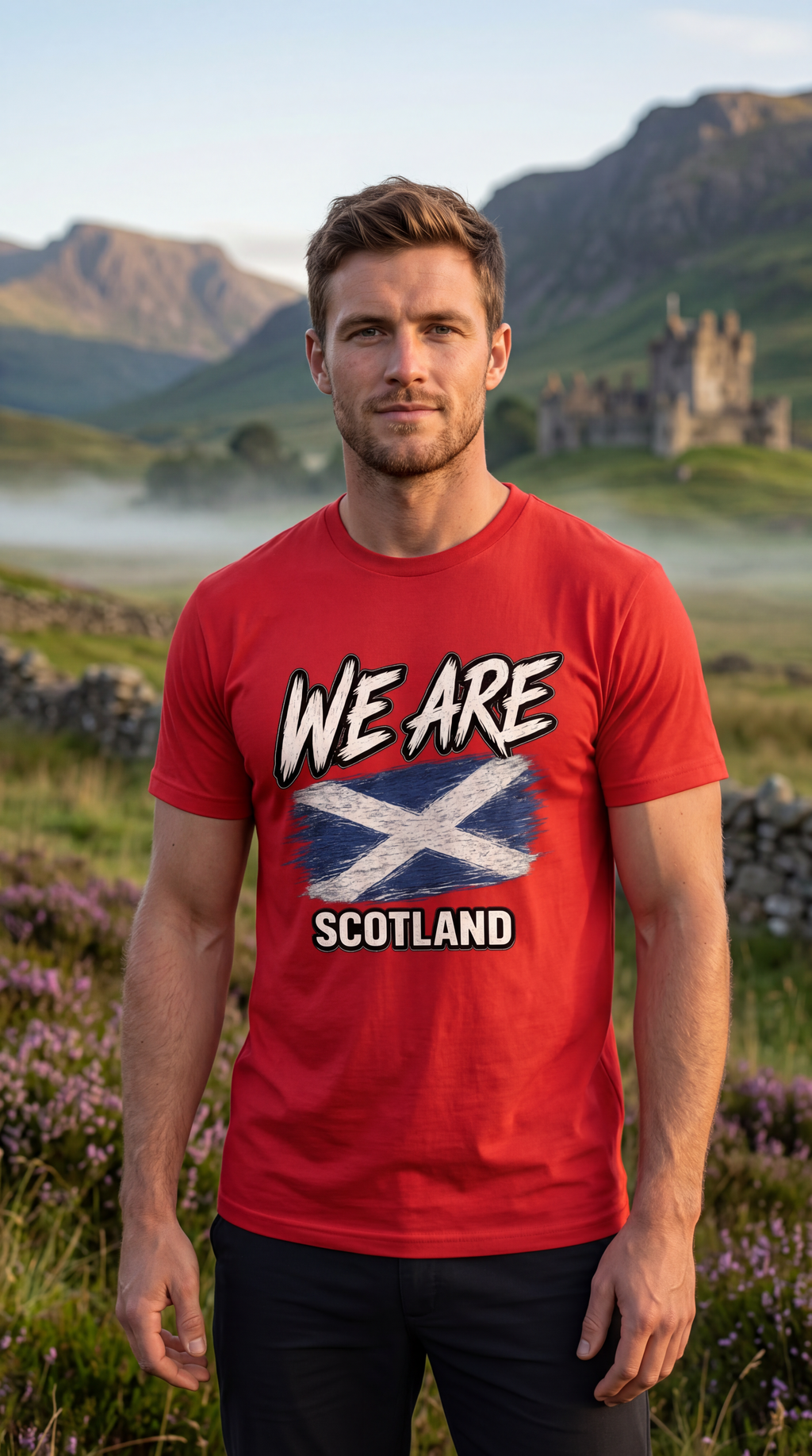 A man wearing a red graphic t-shirt with 'WE ARE SCOTLAND' and the Scottish flag printed on the front, standing in a scenic outdoor landscape with mountains and a castle in the background.