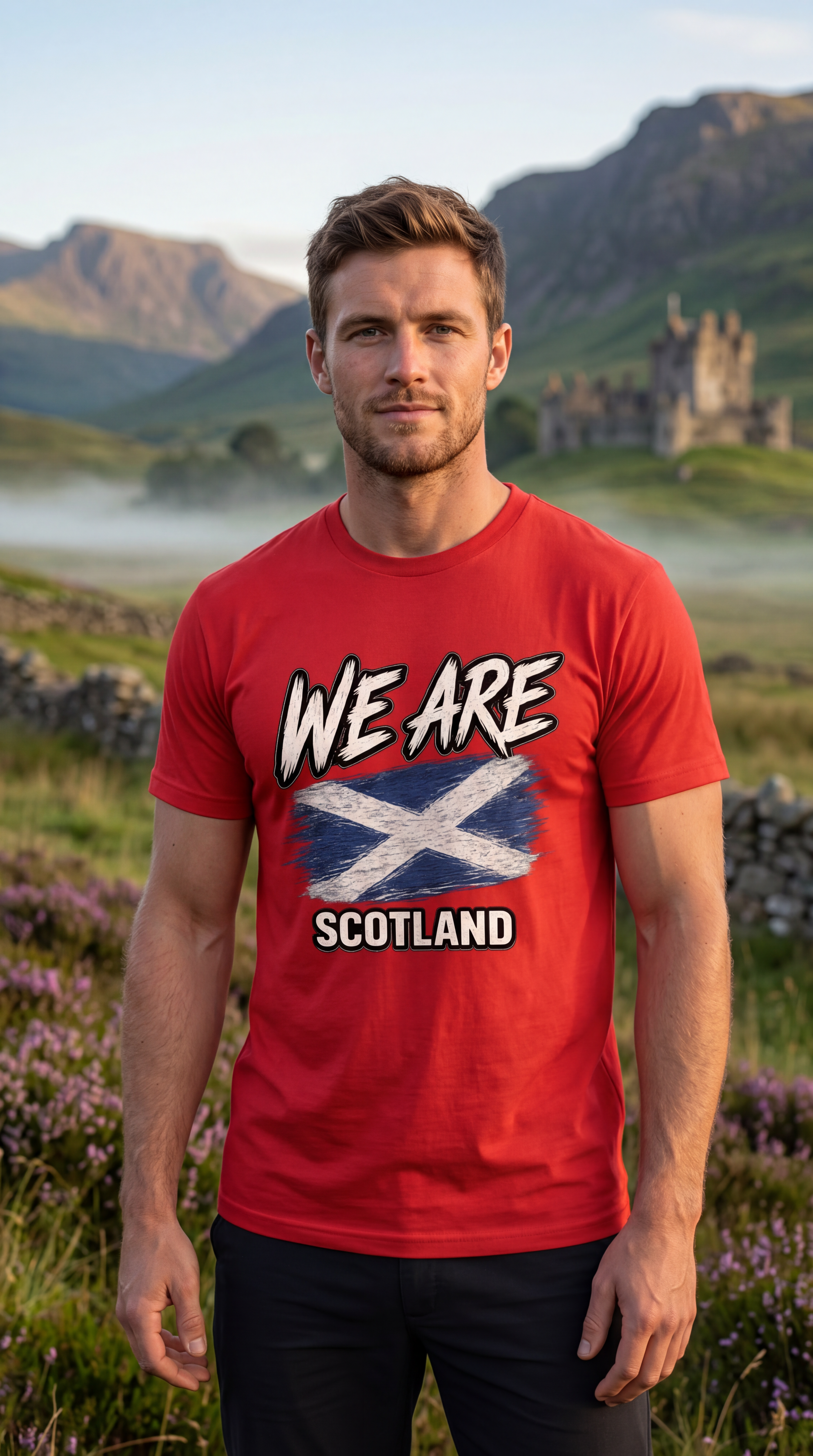 A man wearing a red graphic t-shirt with 'WE ARE SCOTLAND' and the Scottish flag printed on the front, standing in a scenic outdoor landscape with mountains and a castle in the background.