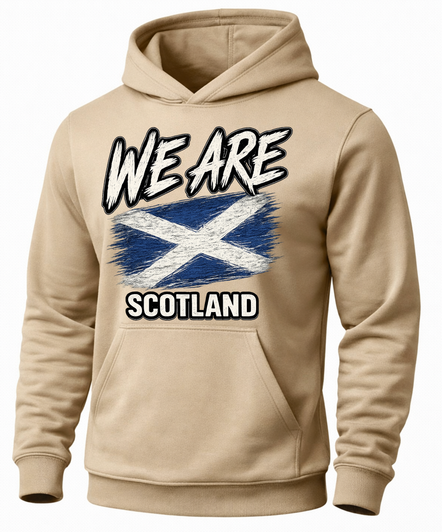 A beige pullover hoodie featuring a distressed graphic print on the front with the text 'WE ARE SCOTLAND' and the Scottish flag.