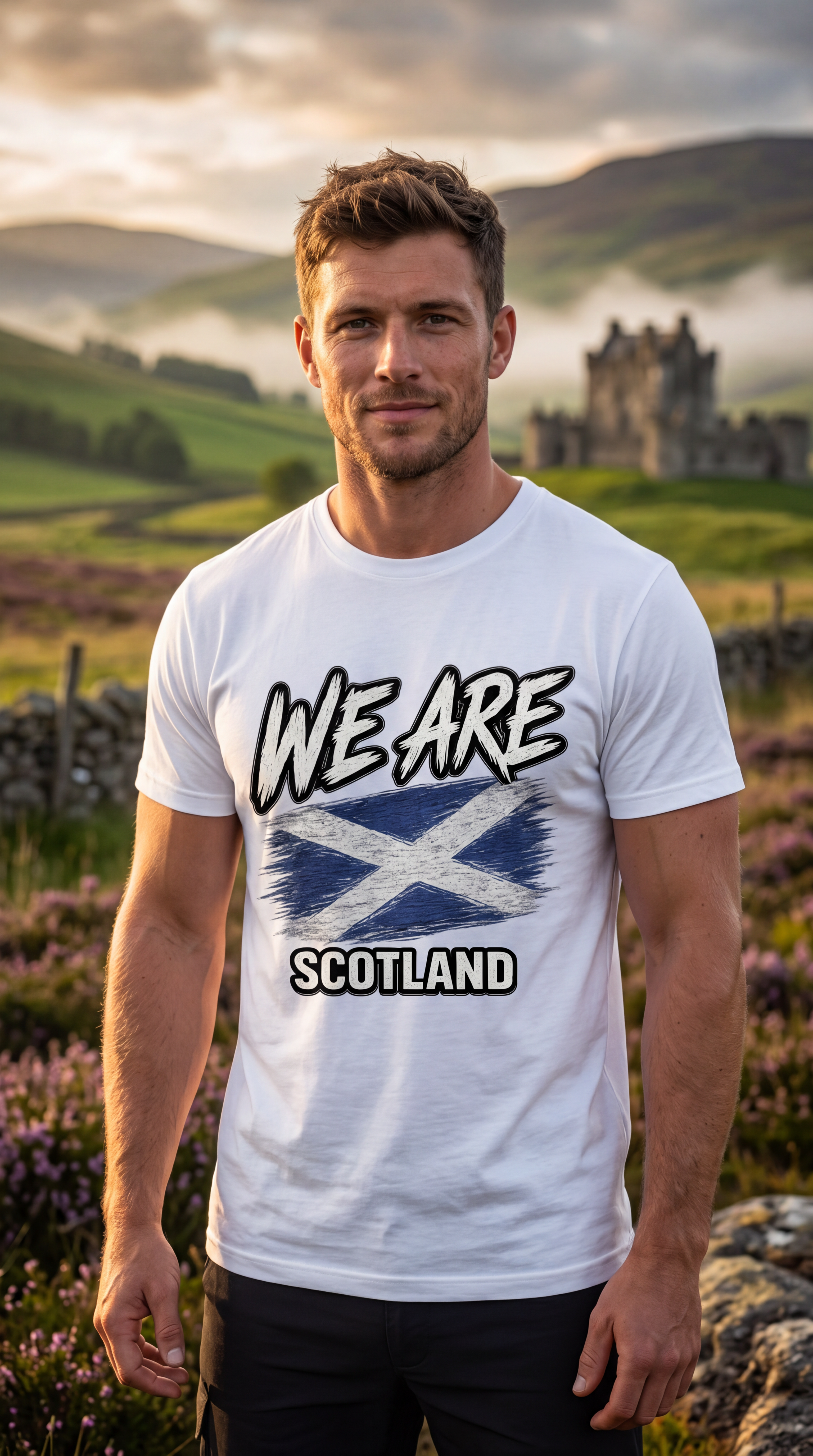A man wearing a white graphic t-shirt with 'WE ARE SCOTLAND' and a distressed Scottish flag design, standing in a scenic outdoor landscape with mountains and a castle in the background.