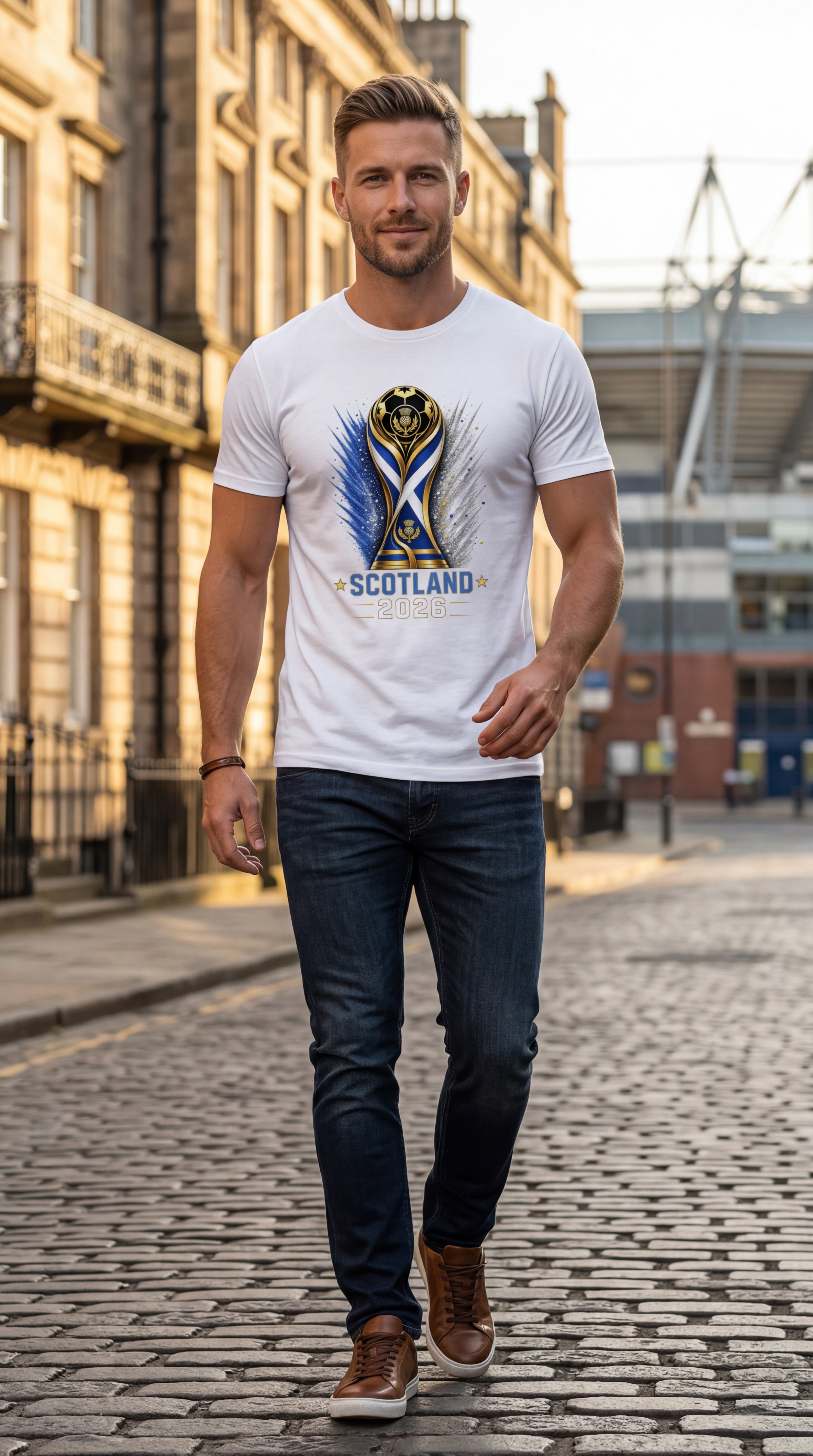 Man walking on a street wearing a white t-shirt with a Scotland design.