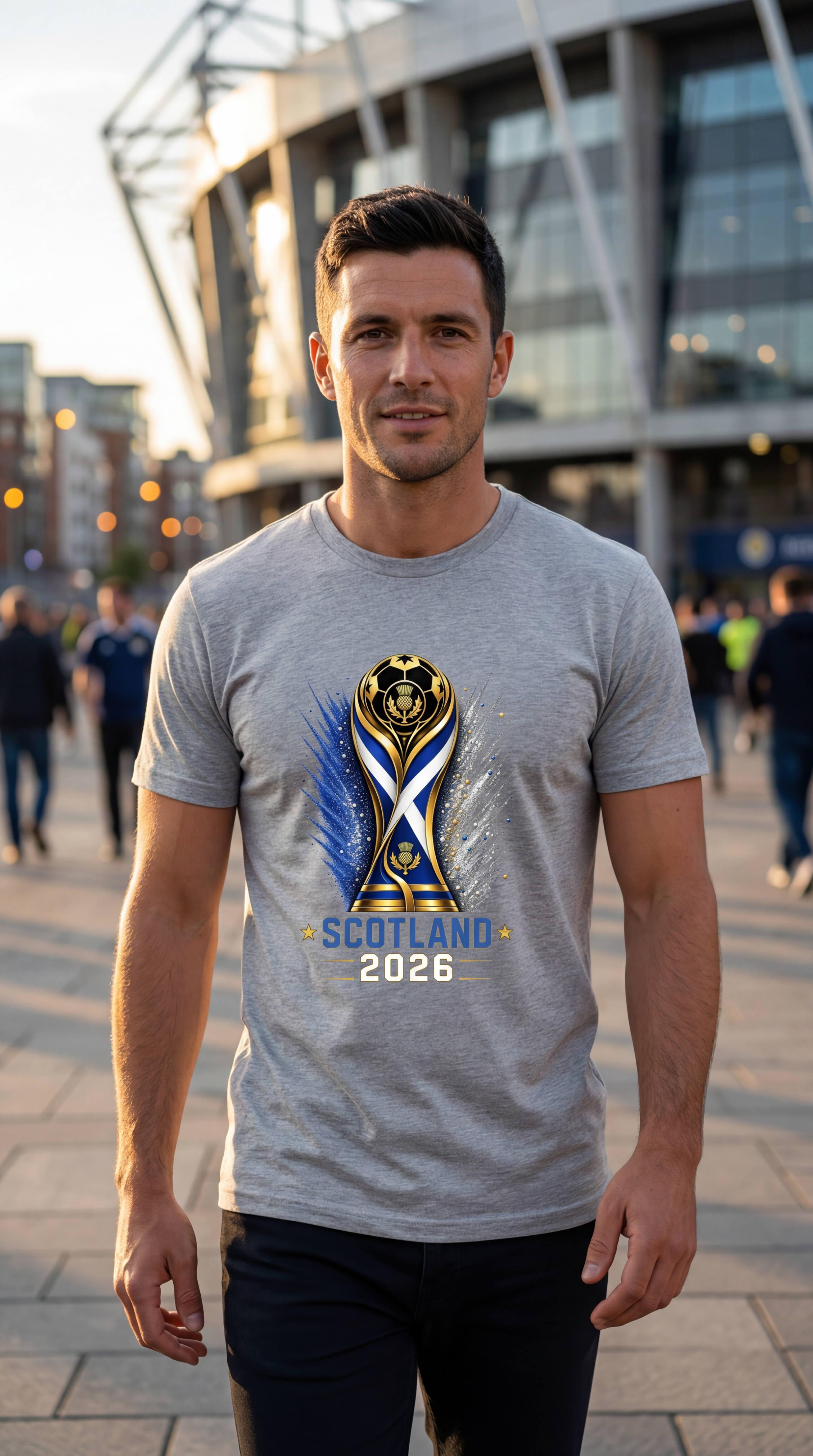Man wearing a gray t-shirt with a Scotland 2026 design in an outdoor setting.