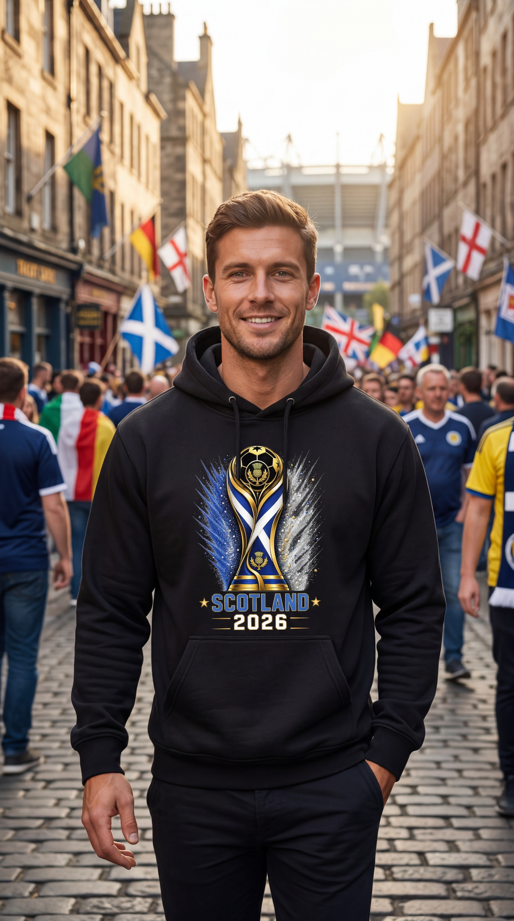Man wearing a black hoodie with 'Scotland 2026' design on a street with flags in the background