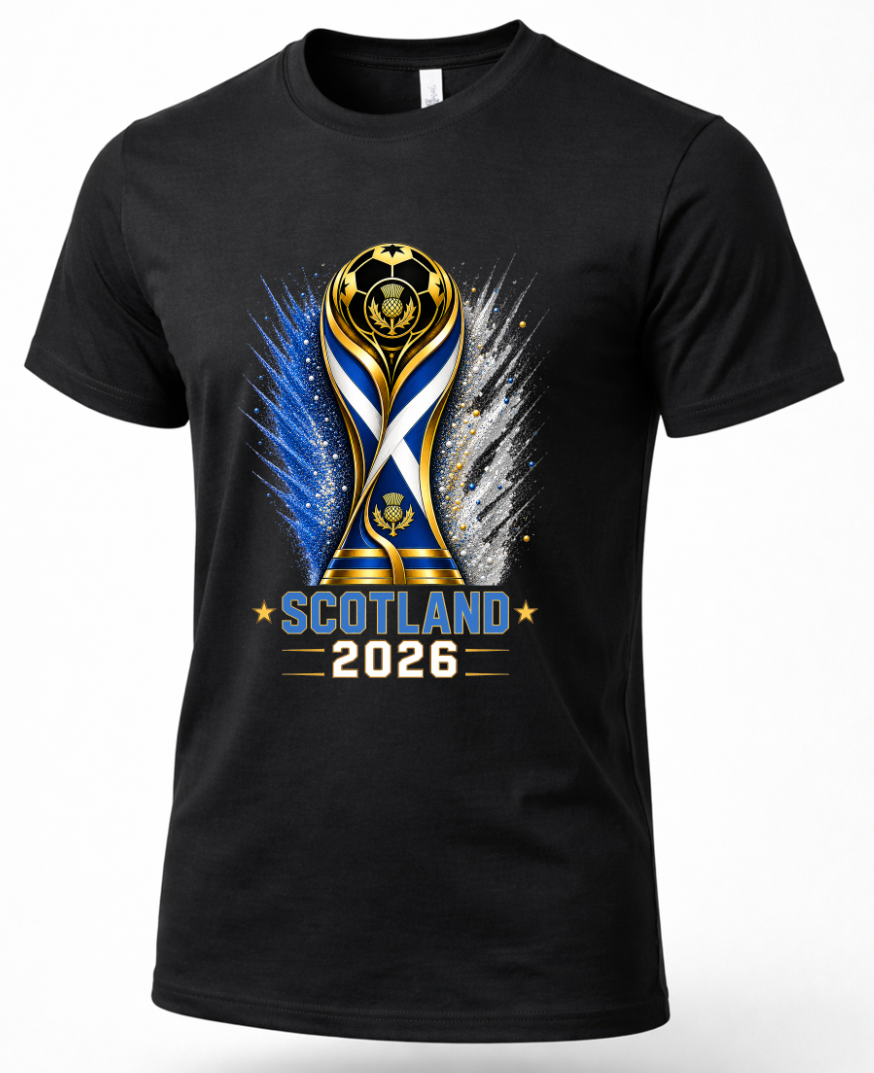 Black t-shirt with a Scotland 2026 design featuring a trophy on a white background