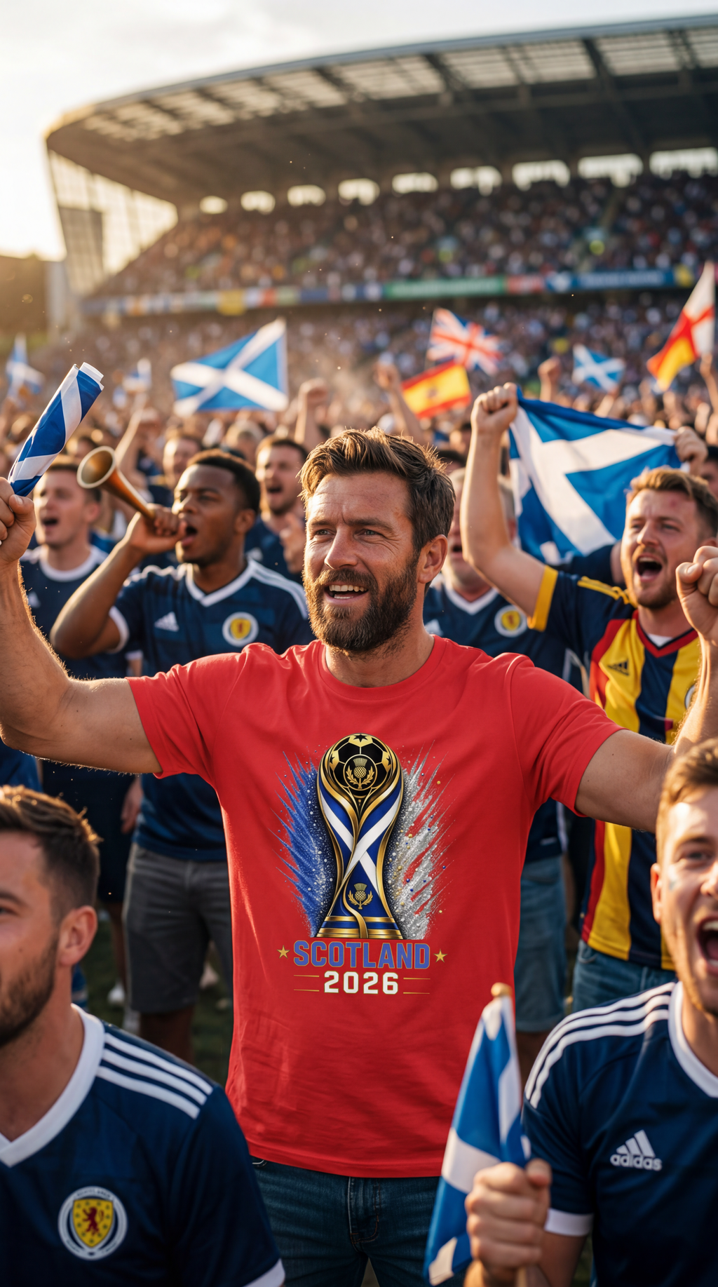 Man in a red Scotland 2026 t-shirt celebrating with fans in a stadium.