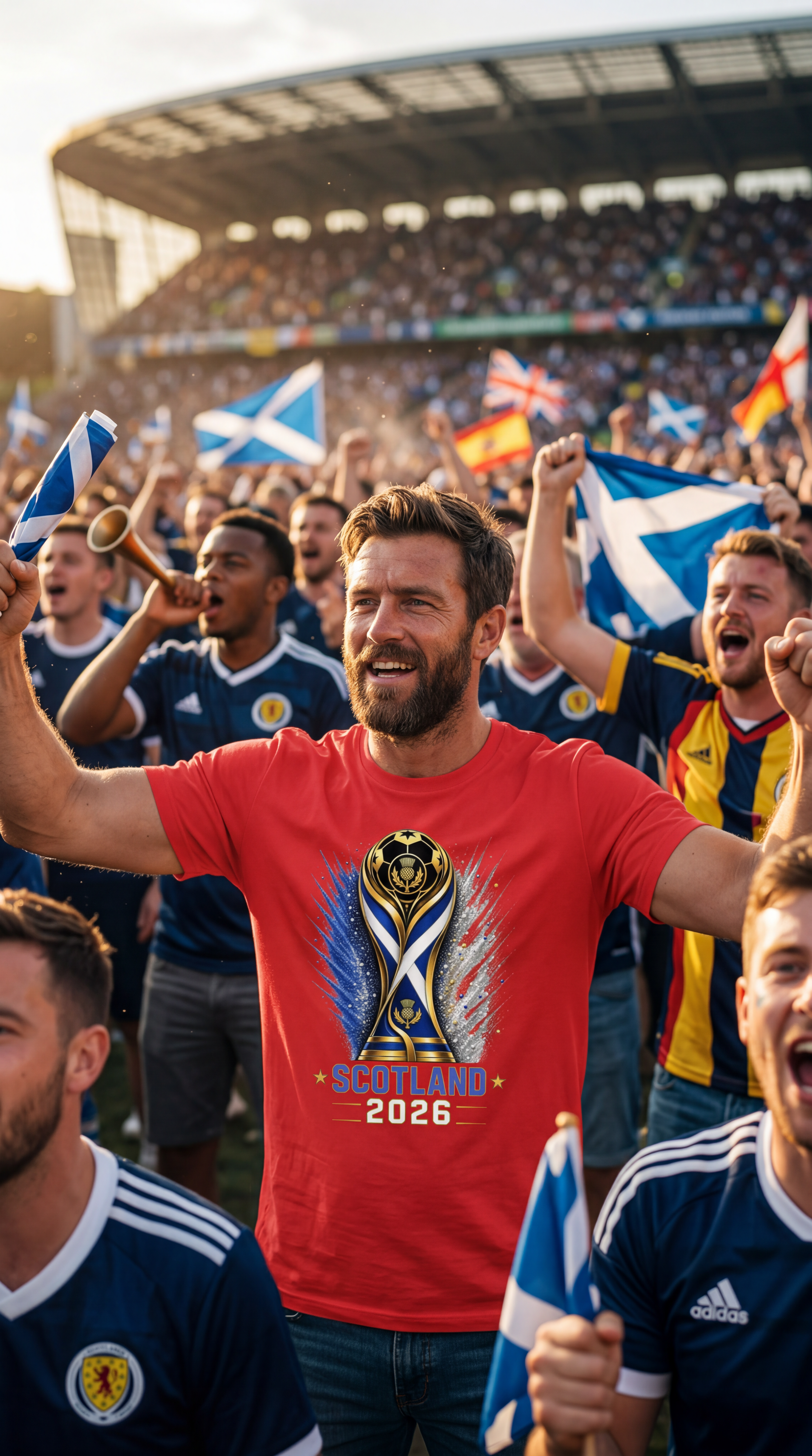 Man in a red Scotland 2026 t-shirt celebrating with fans in a stadium.