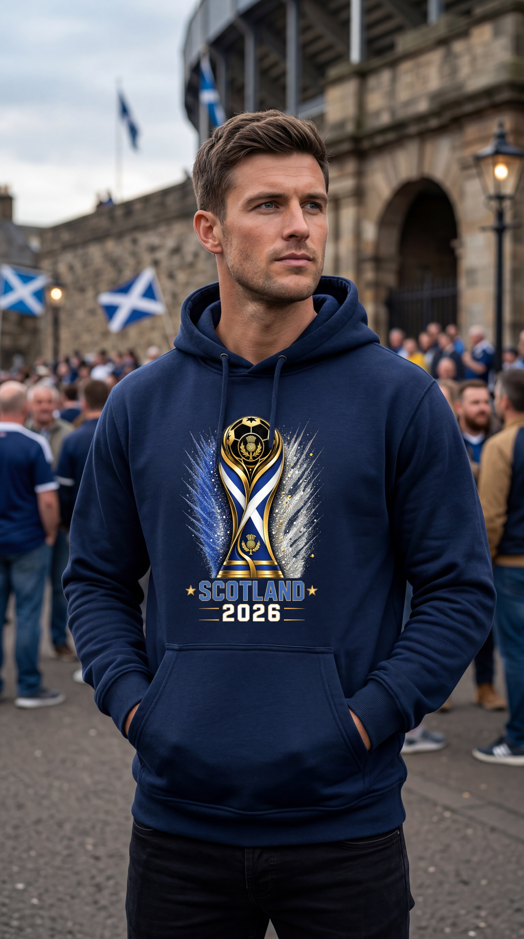 Man wearing a navy hoodie with 'Scotland 2026' design in an outdoor setting with flags.