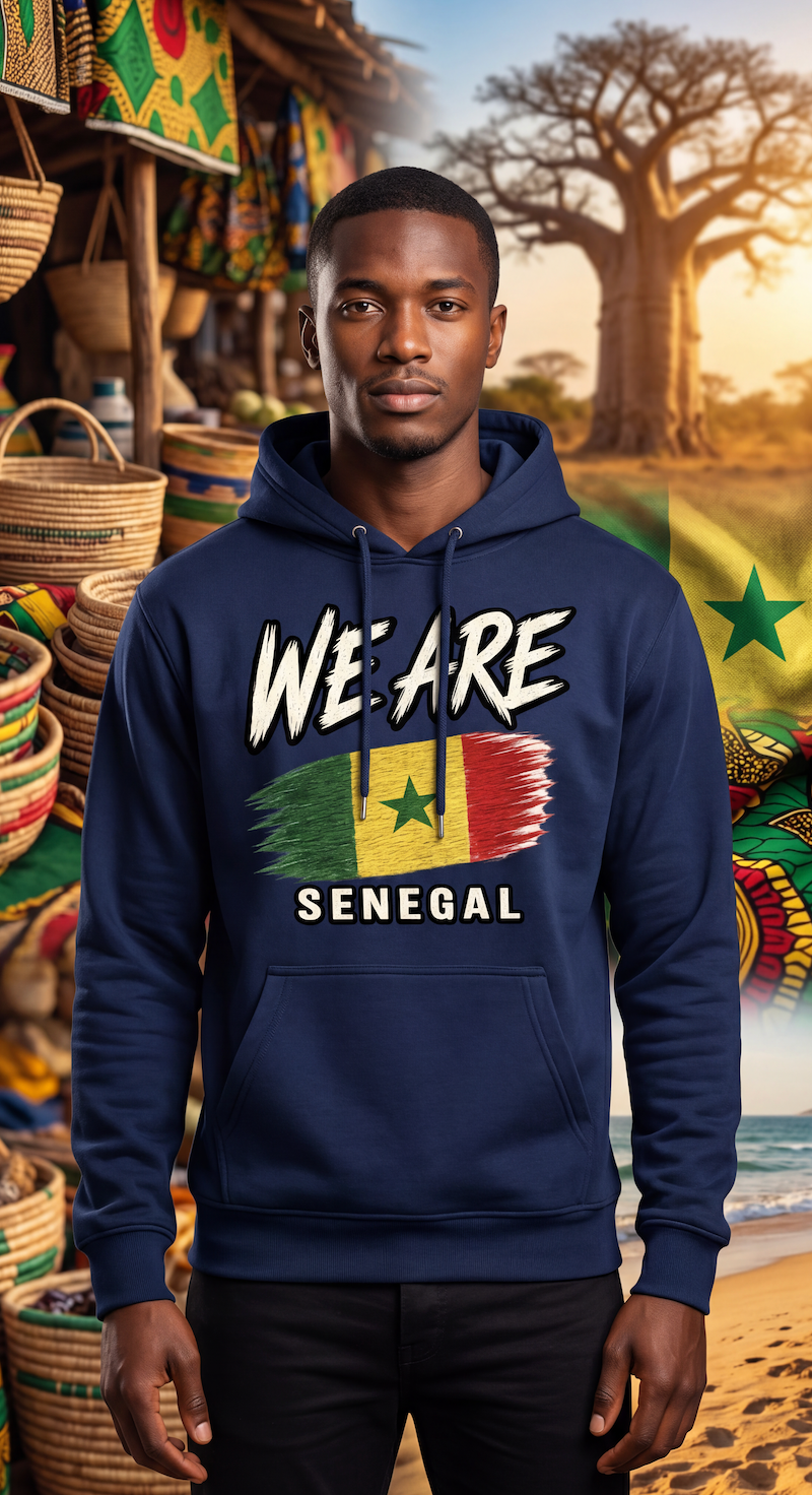A man wearing a navy blue hoodie with a Senegal flag graphic and the text 'WE ARE SENEGAL' on the front, set against a scenic background of a market and a tree.