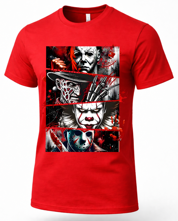 A red short-sleeve crewneck t-shirt featuring a large graphic print of horror movie villains Michael Myers, Freddy Krueger, Leatherface, and Jason Voorhees in a black, white, and red color scheme.