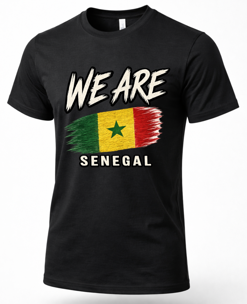 A black short-sleeve crewneck t-shirt featuring a distressed graphic print of the Senegalese flag and the text 'WE ARE SENEGAL' in white, shown on a plain white background.