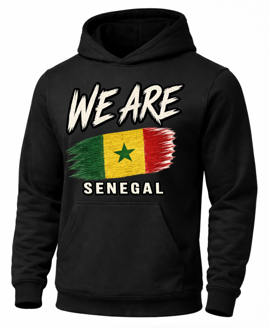 A black pullover hoodie featuring a distressed graphic print of the Senegalese flag with the text 'WE ARE' above and 'SENEGAL' below, shown on a plain white background.