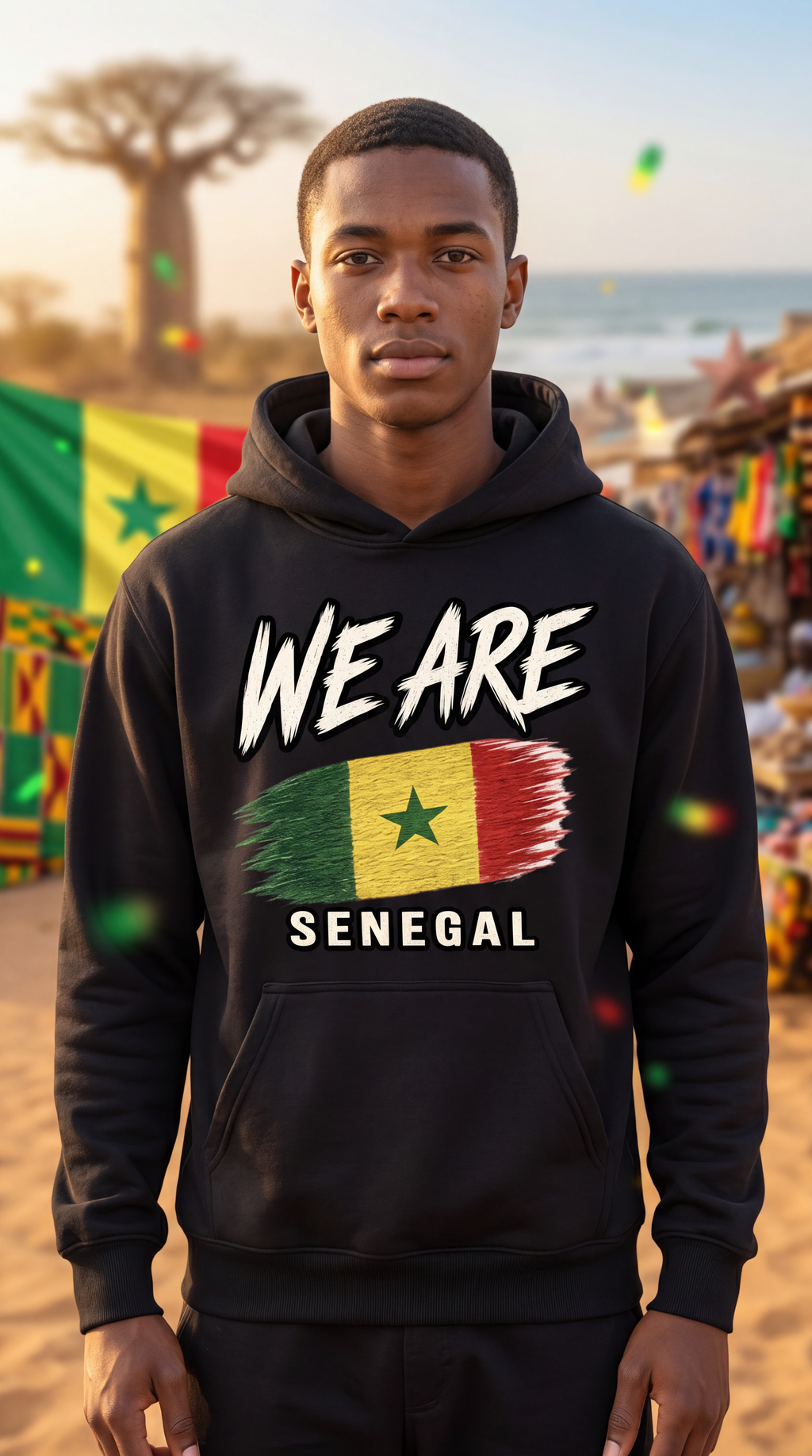 A man wearing a black hoodie with a 'WE ARE SENEGAL' graphic featuring the Senegalese flag, standing outdoors in front of a blurred beach and market background.