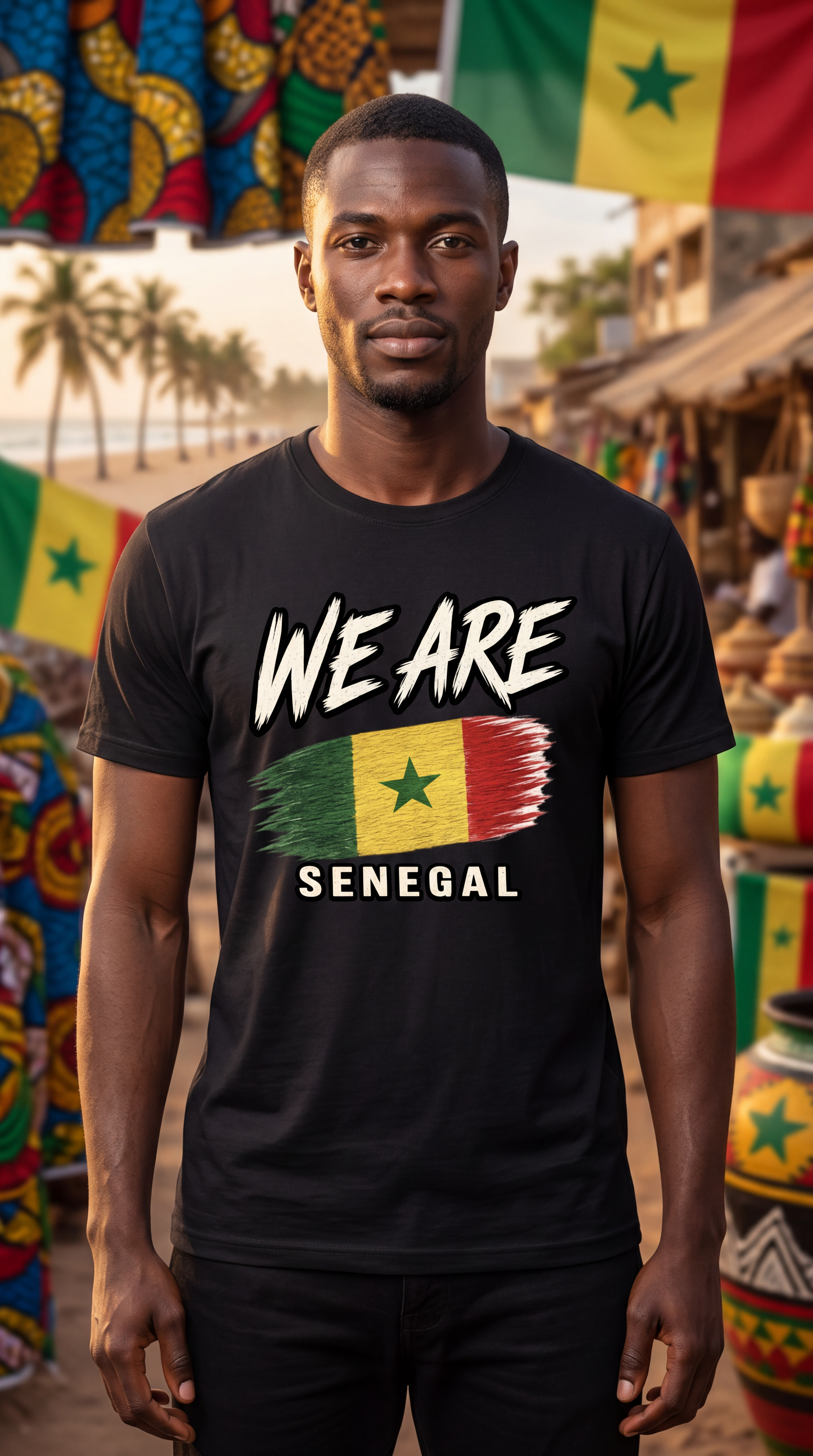 A man wearing a black graphic t-shirt with 'WE ARE SENEGAL' and a Senegalese flag design, standing in a vibrant outdoor market setting with Senegalese flags in the background.