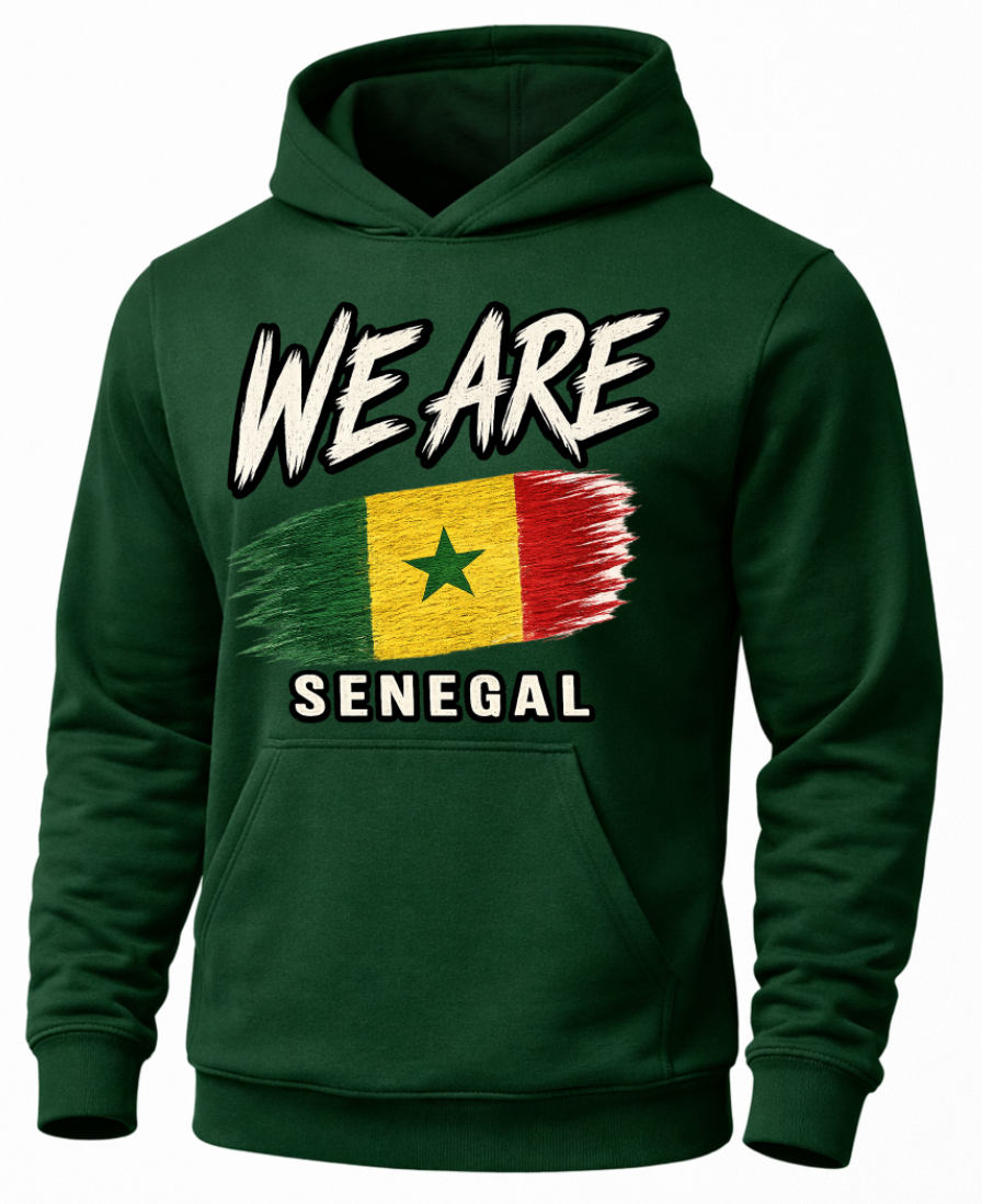 A dark green pullover hoodie featuring a distressed graphic print of the Senegalese flag with the text 'WE ARE' above and 'SENEGAL' below, shown on a plain white background.