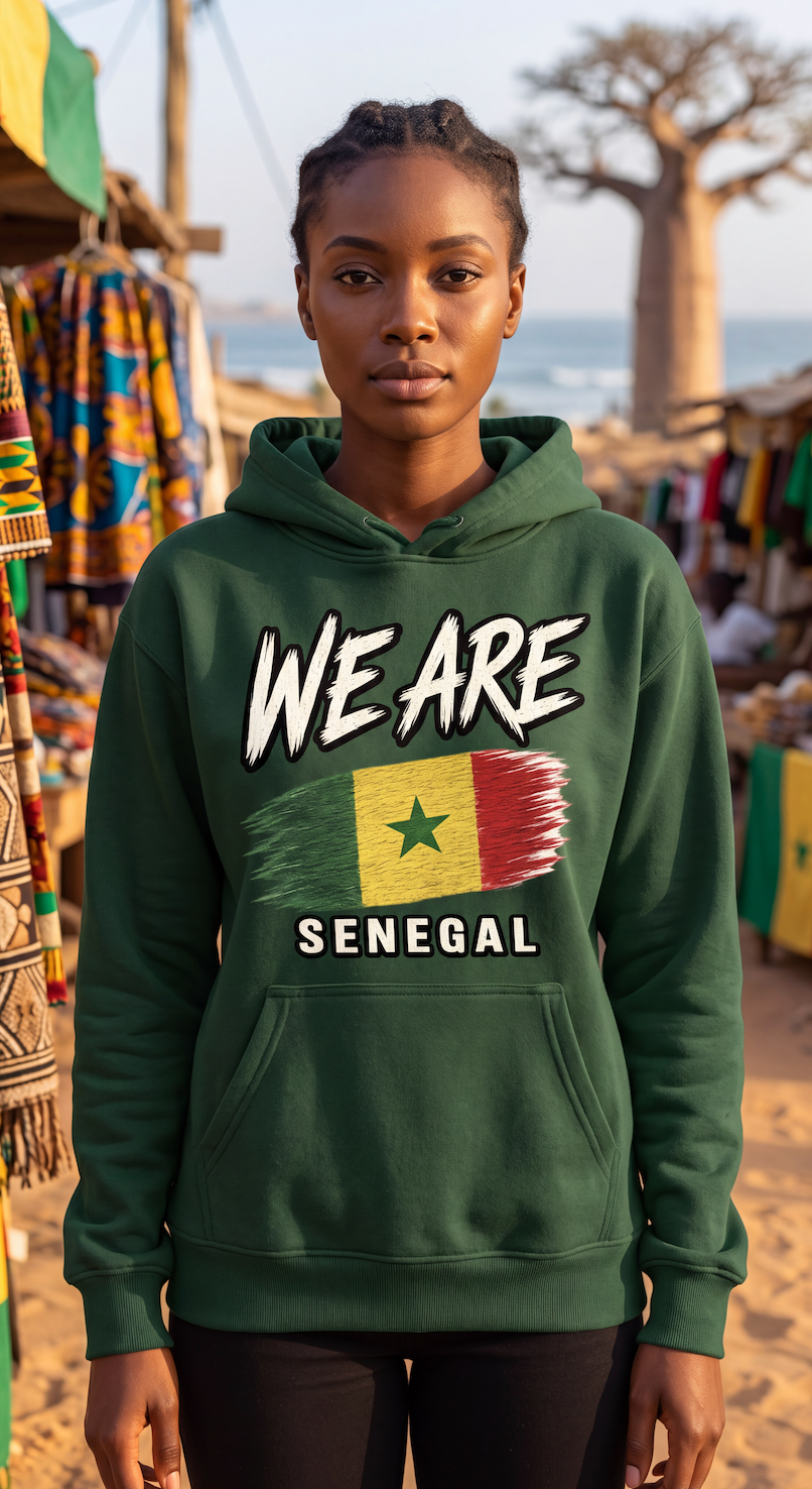 A woman wearing a dark green hoodie with a Senegal graphic print featuring the text 'WE ARE' and 'SENEGAL' above the national flag, standing in an outdoor market setting.