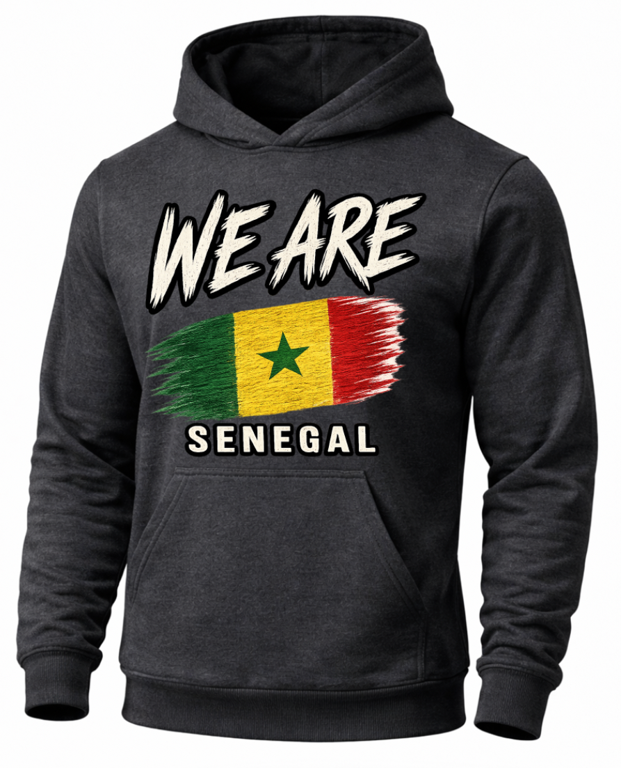A dark charcoal gray hoodie featuring a distressed graphic print of the Senegalese flag with the text 'WE ARE' above and 'SENEGAL' below, shown on a plain white background.