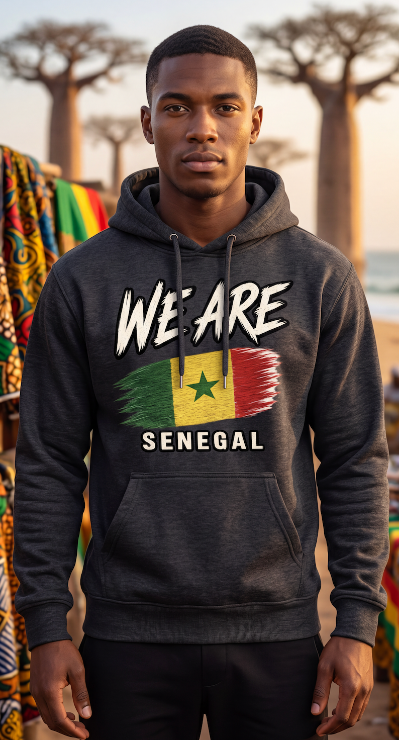 A man wearing a dark gray hoodie with a Senegal flag graphic and the text 'WE ARE SENEGAL' on the front, standing outdoors with trees and colorful textiles blurred in the background.