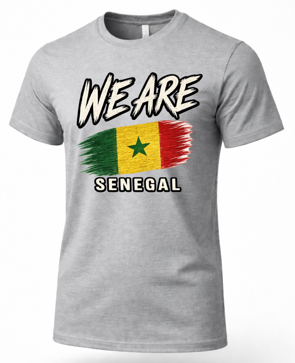 A heather gray short-sleeve t-shirt with a graphic print featuring the text 'WE ARE' above a distressed Senegalese flag and 'SENEGAL' below, shown on a plain white background.