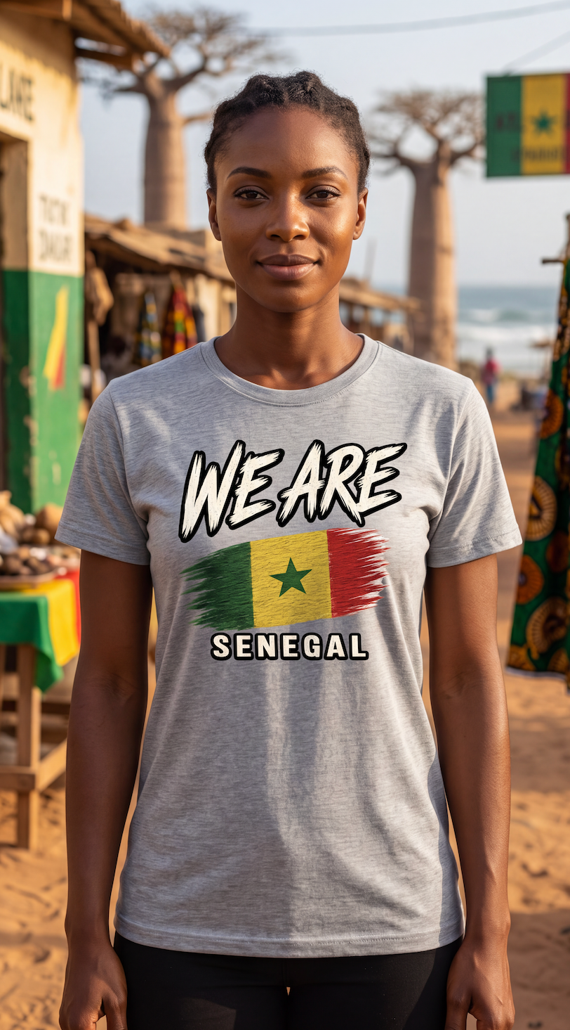 A woman wearing a light gray t-shirt with a graphic print that reads 'WE ARE SENEGAL' above the Senegalese flag, standing in an outdoor market setting with baobab trees in the background.