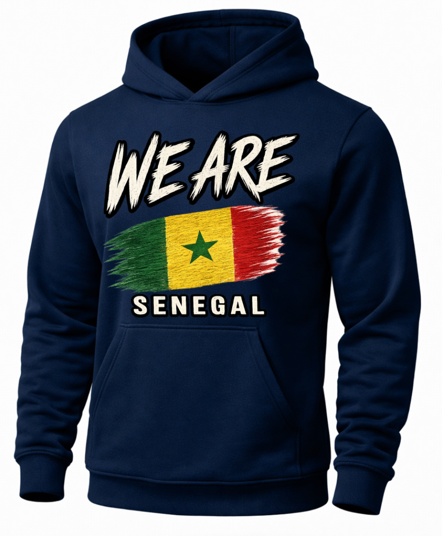 A navy blue pullover hoodie featuring a distressed graphic print of the Senegalese flag with the text 'WE ARE' above and 'SENEGAL' below, shown on a plain white background.