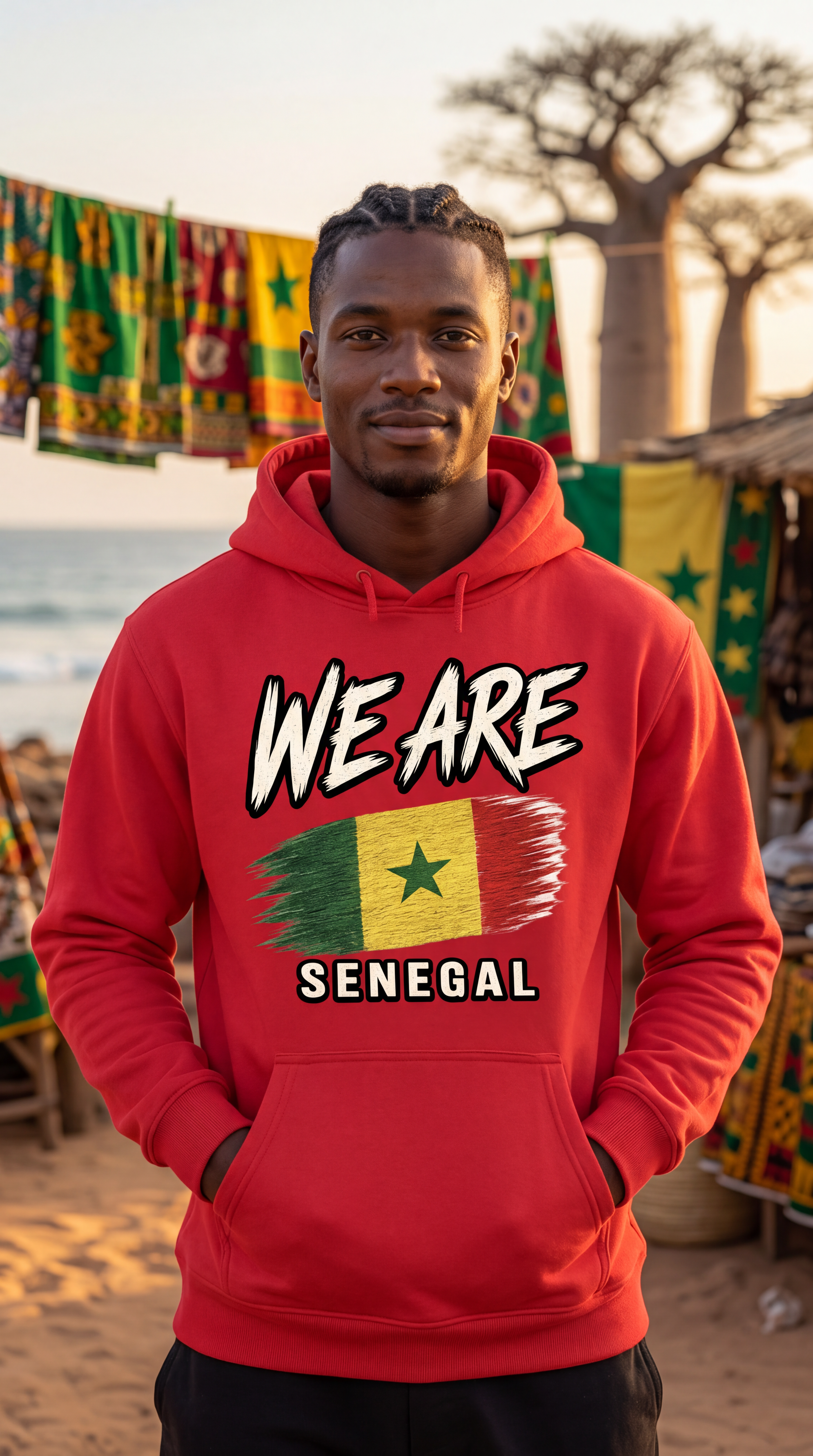 A man wearing a red hoodie with a Senegal flag graphic and the text 'WE ARE SENEGAL' stands outdoors on a beach-like setting with colorful flags and baobab trees in the background.