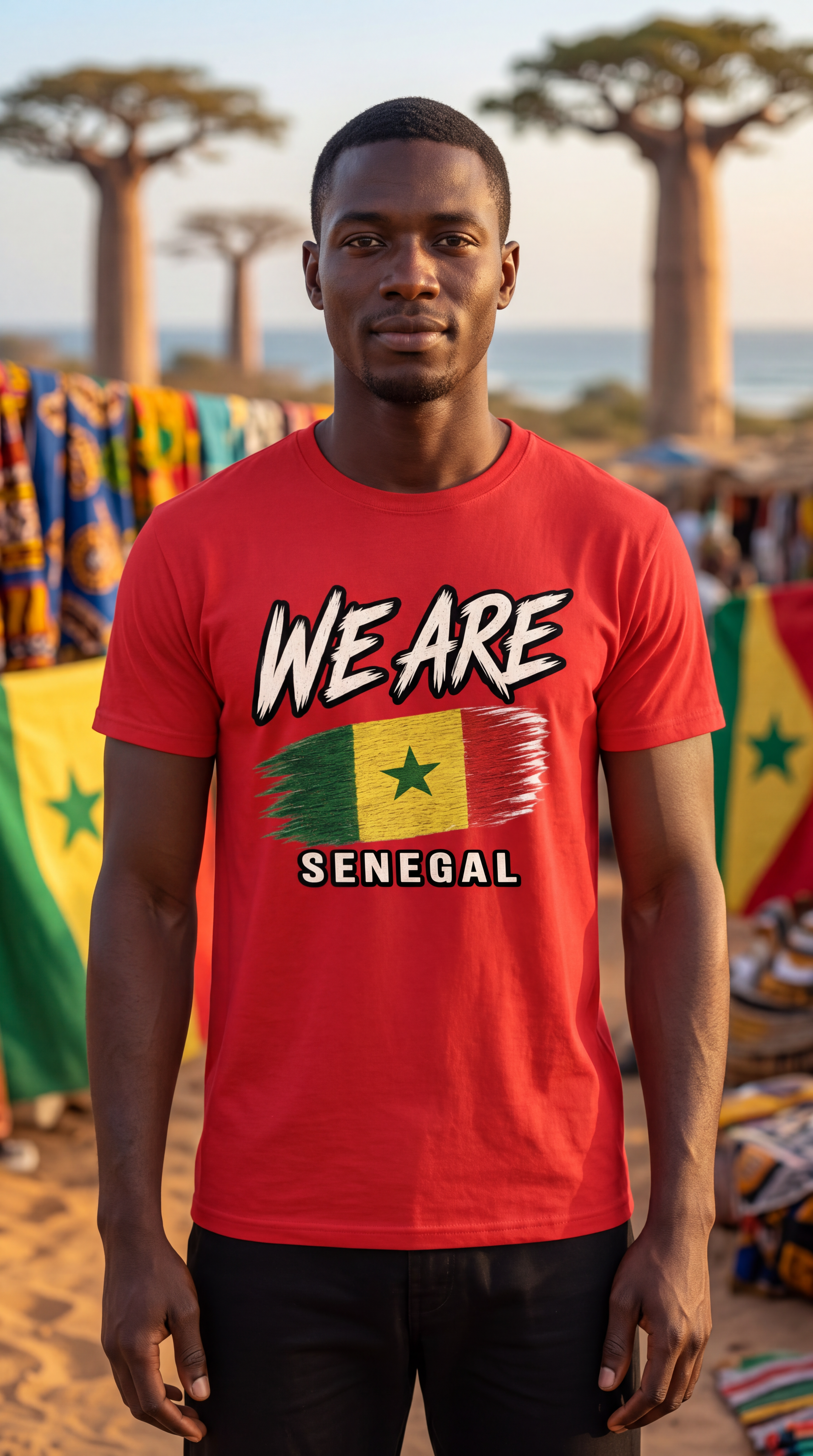 A man wearing a red t-shirt with a Senegal graphic print featuring the text 'WE ARE SENEGAL' and the Senegalese flag, standing in a beach-like environment with baobab trees and colorful flags in the background.