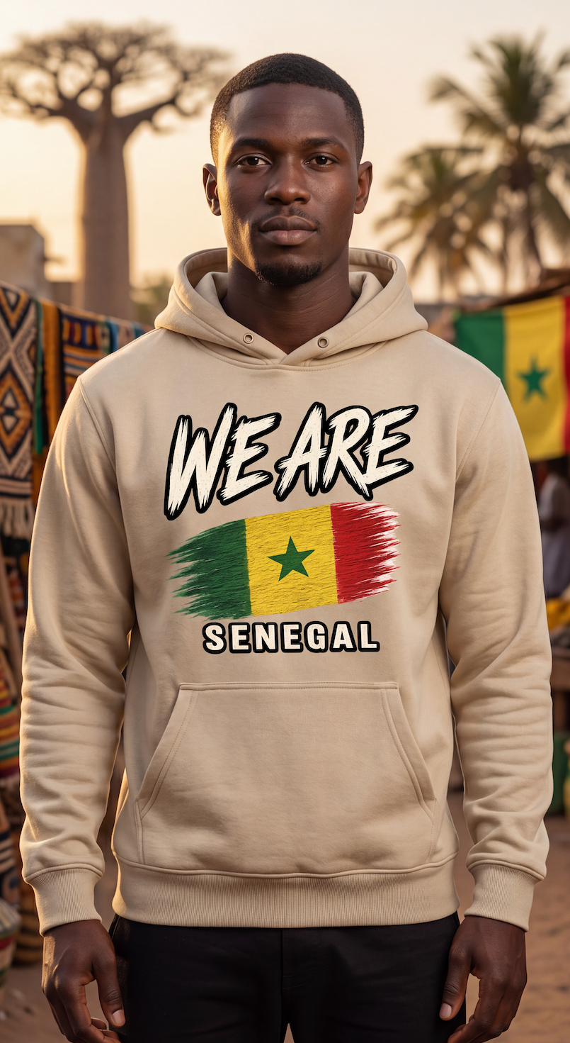 A man wearing a beige hoodie with a 'WE ARE SENEGAL' graphic featuring the Senegalese flag, standing outdoors in front of a warm-toned market background with palm trees.