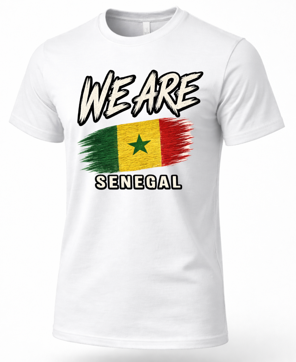 A white short-sleeve crewneck t-shirt featuring a distressed graphic of the Senegalese flag with the text 'WE ARE' above and 'SENEGAL' below, displayed on a clean white background.