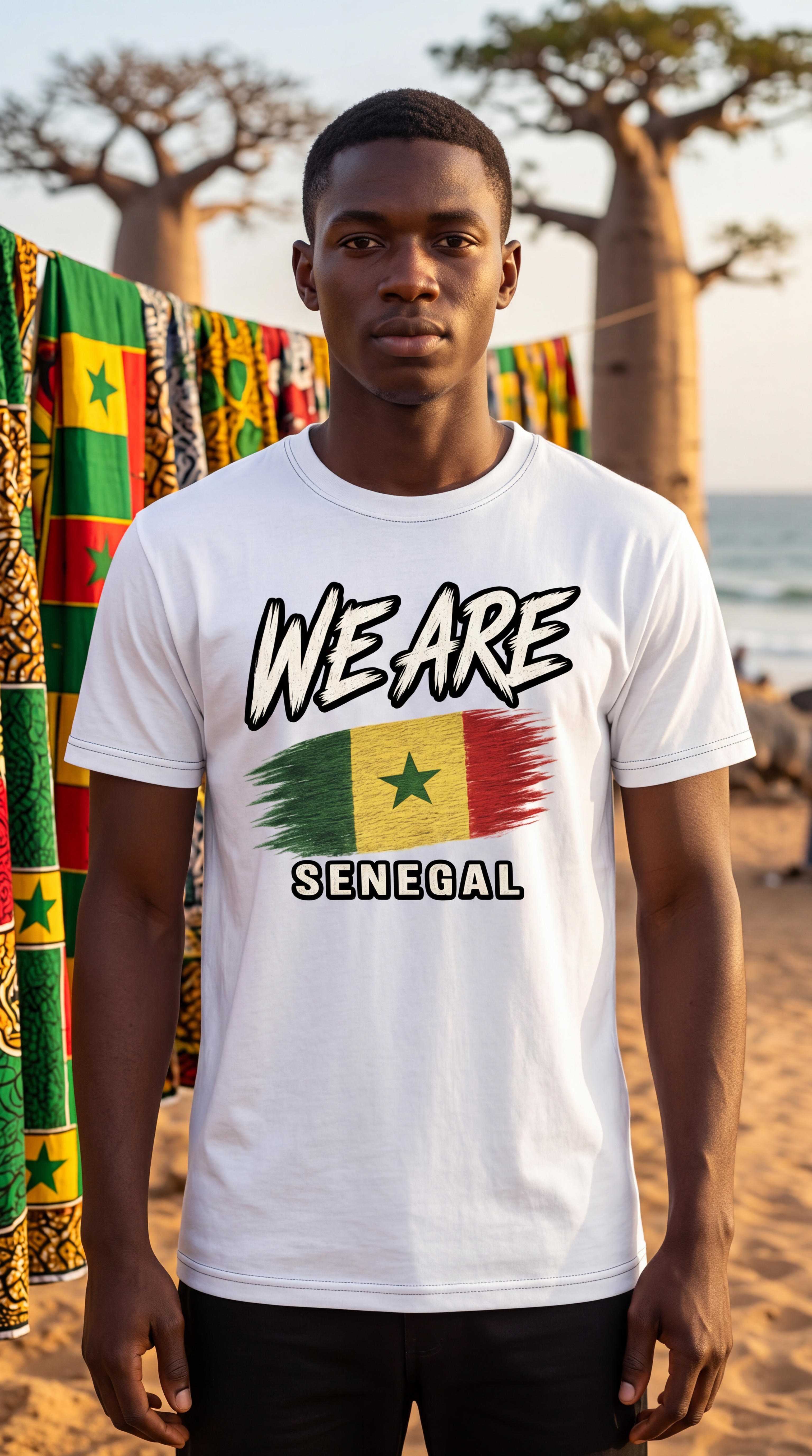 A man wearing a white graphic t-shirt with 'WE ARE SENEGAL' and a Senegal flag design, standing on a beach with baobab trees and colorful textiles in the background.
