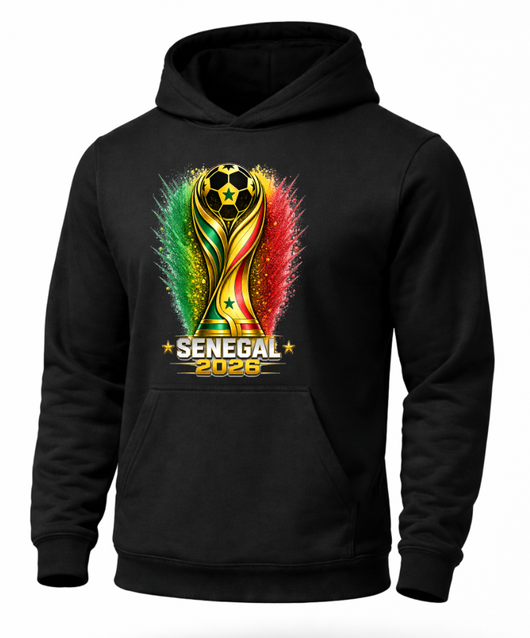 Black hoodie with a colorful trophy graphic and 'Senegal 2026' text on a white background