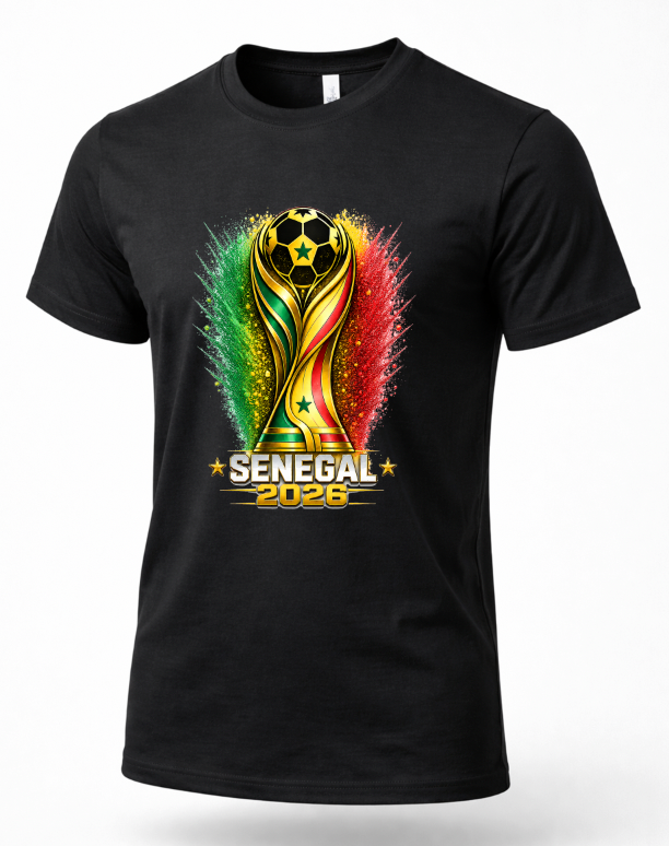 Black t-shirt with a colorful trophy graphic and 'Senegal 2026' text on a white background