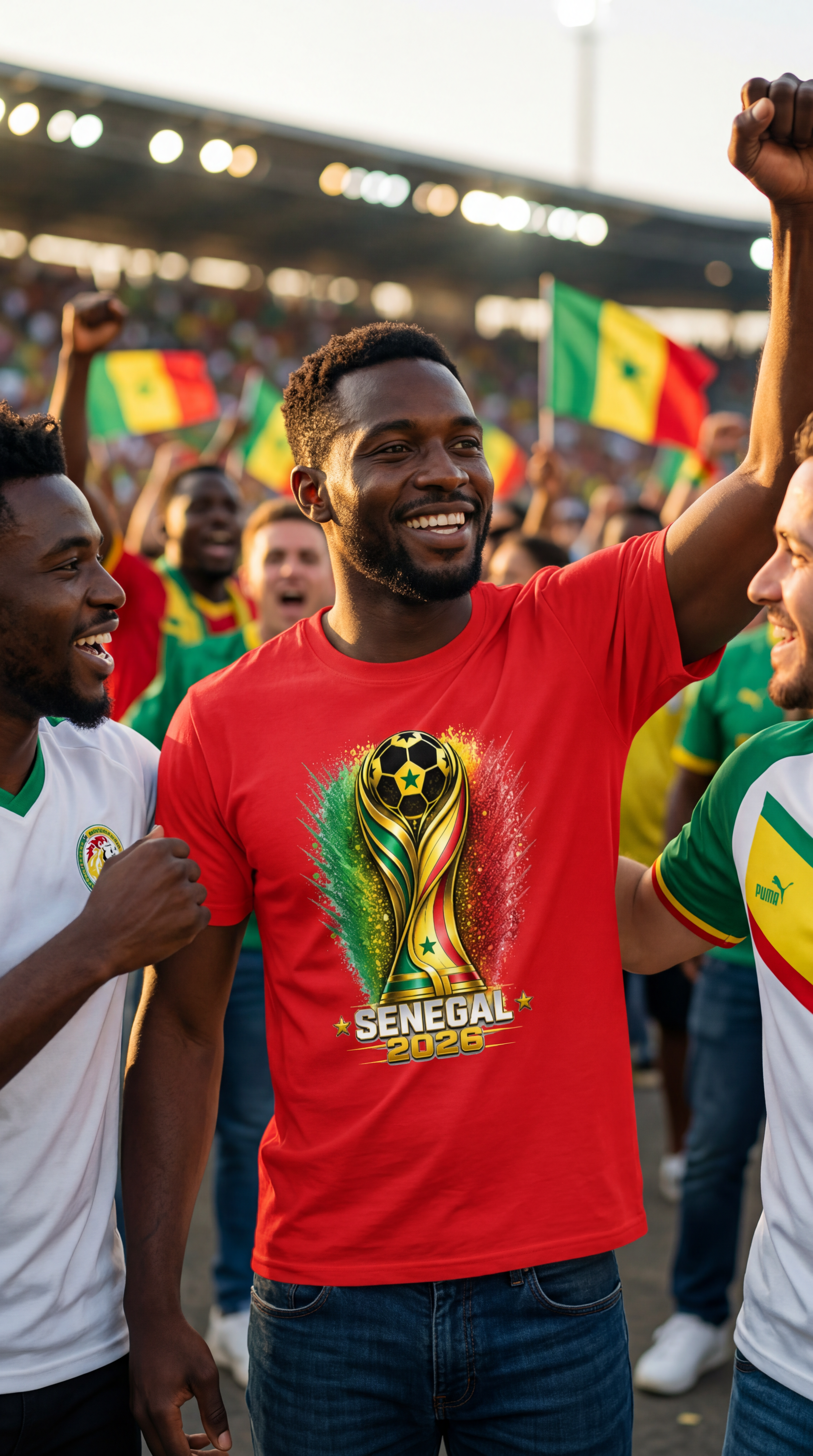 Man in a red shirt with Ecuador 2026 design at a sports event, surrounded by fans.