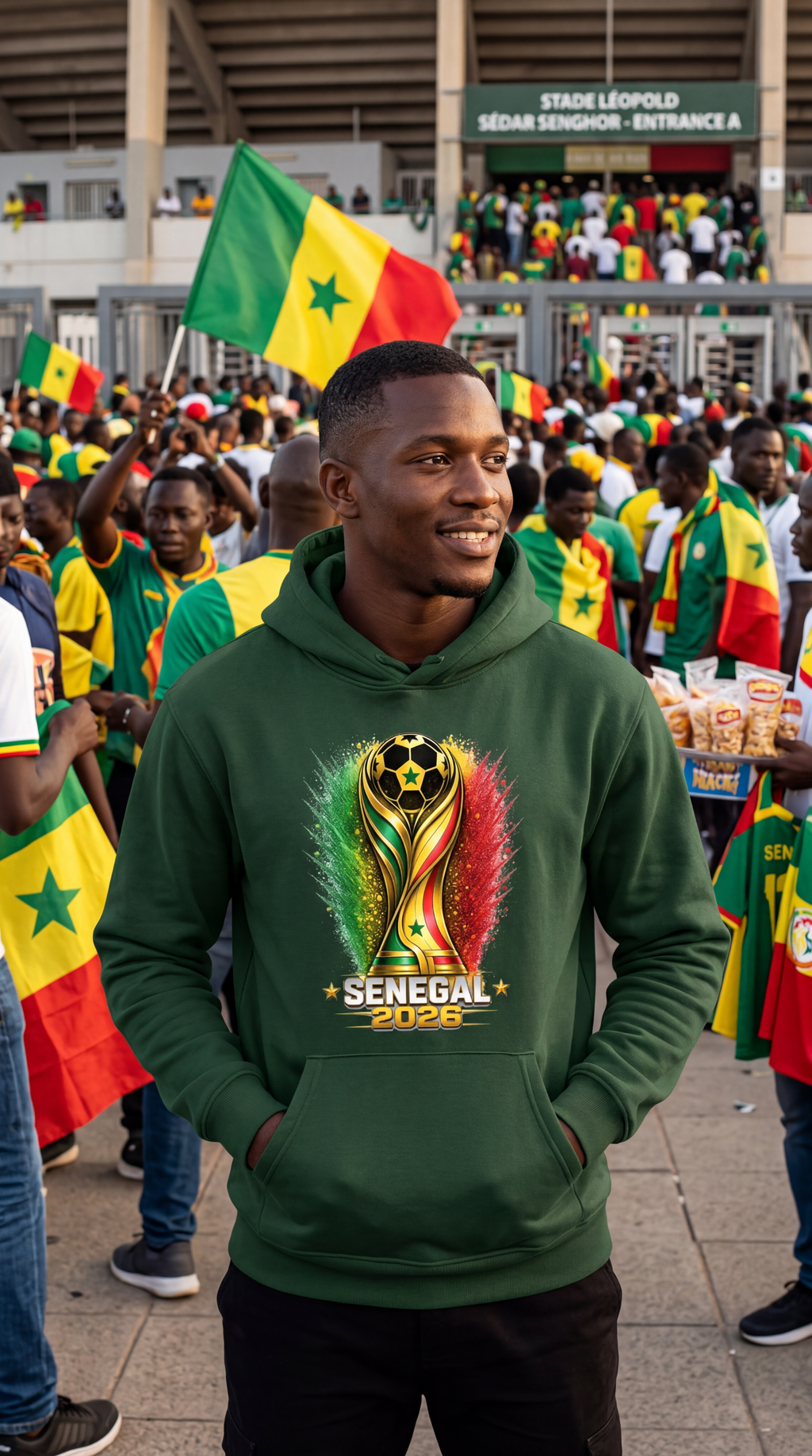 Man wearing a green hoodie with a colorful design and 'Senegal 2023' text, surrounded by people with flags in a stadium.