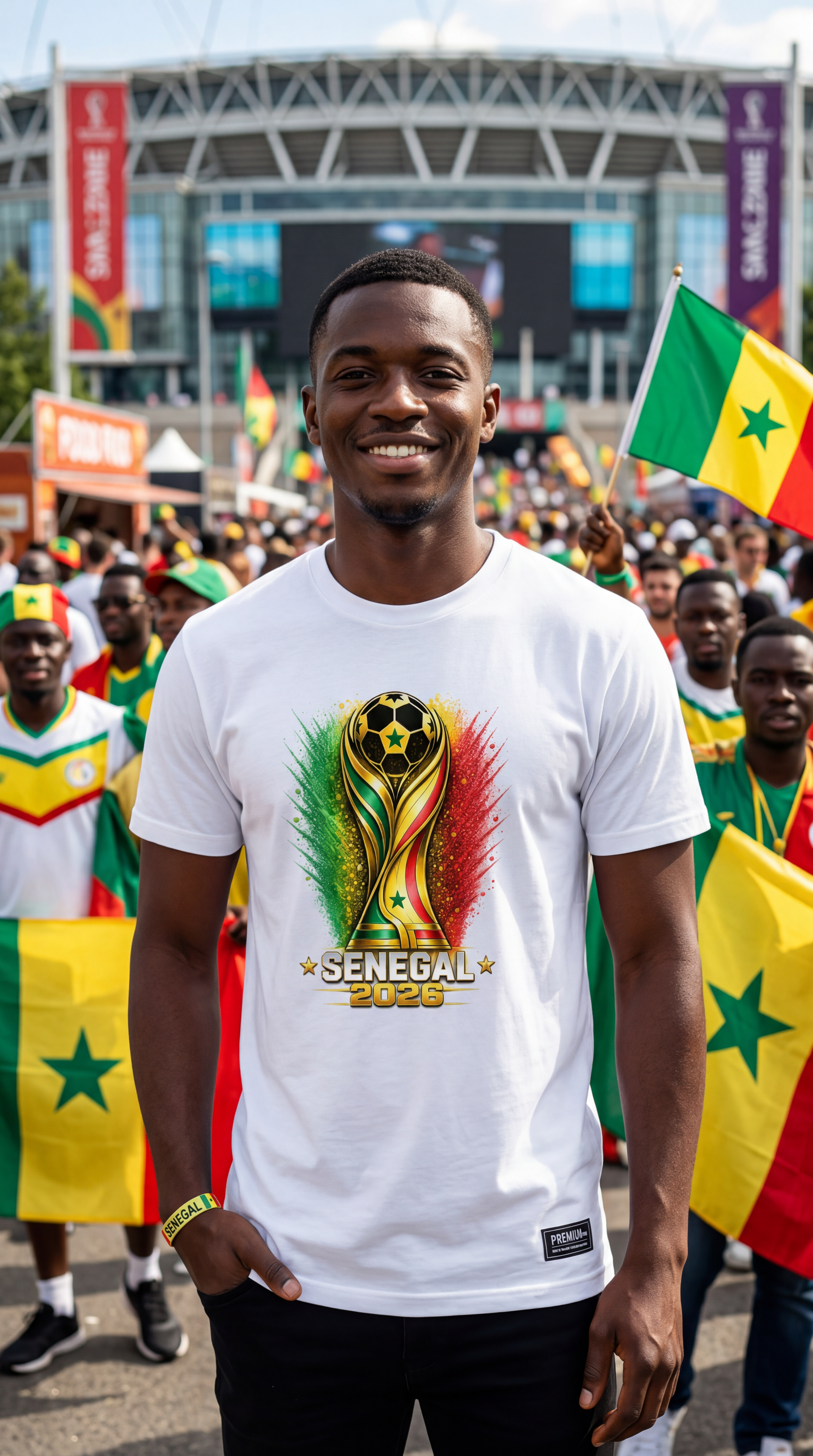 Man wearing a white t-shirt with a colorful graphic design, standing in front of a cityscape with a stadium.