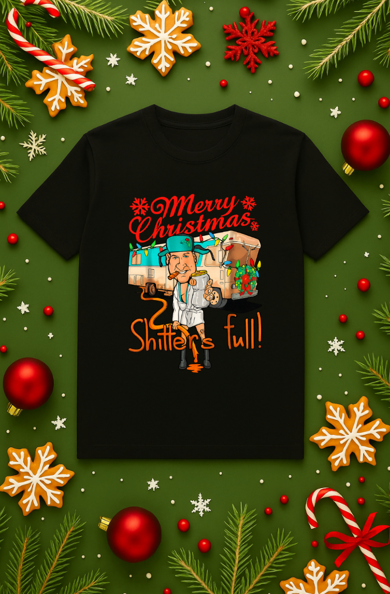 Black Christmas t-shirt featuring a funny “Merry Christmas, Shitter’s Full” RV graphic, displayed on a festive green holiday background with ornaments, candy canes, and snowflakes.
