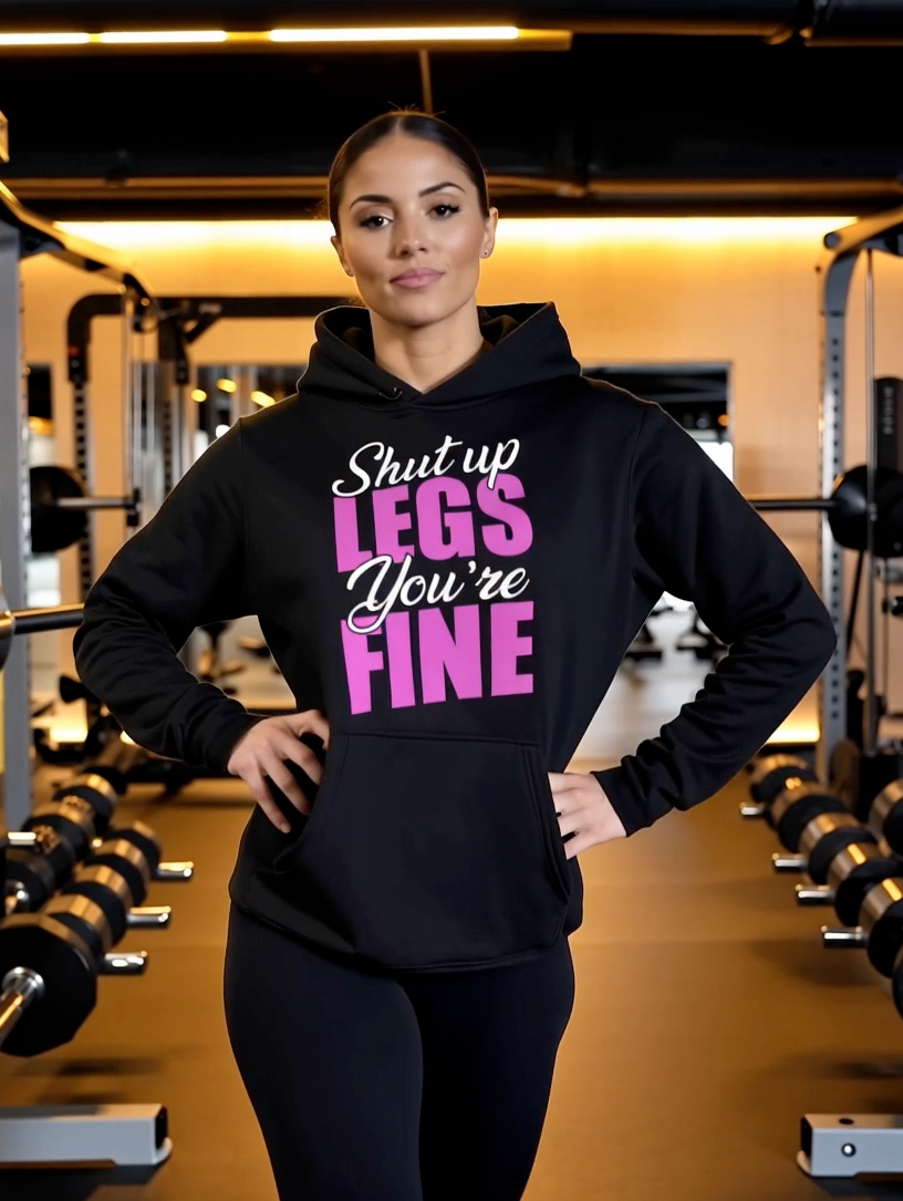 Woman wearing black hoodie with funny gym quote “Shut Up Legs You’re Fine” fitness hoodie in gym