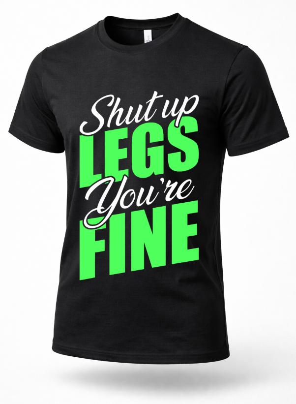 Black gym t-shirt with “Shut Up Legs You’re Fine” text in green and white
