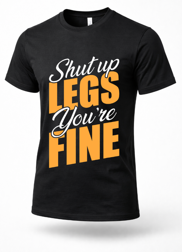 Black gym t-shirt with “Shut Up Legs You’re Fine” text in orange and white