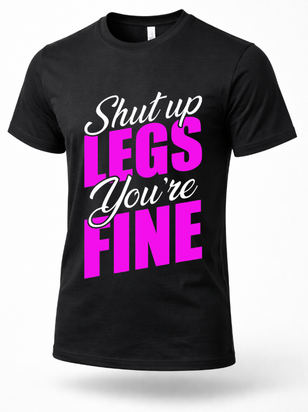 Black gym t-shirt with “Shut Up Legs You’re Fine” text in pink and white