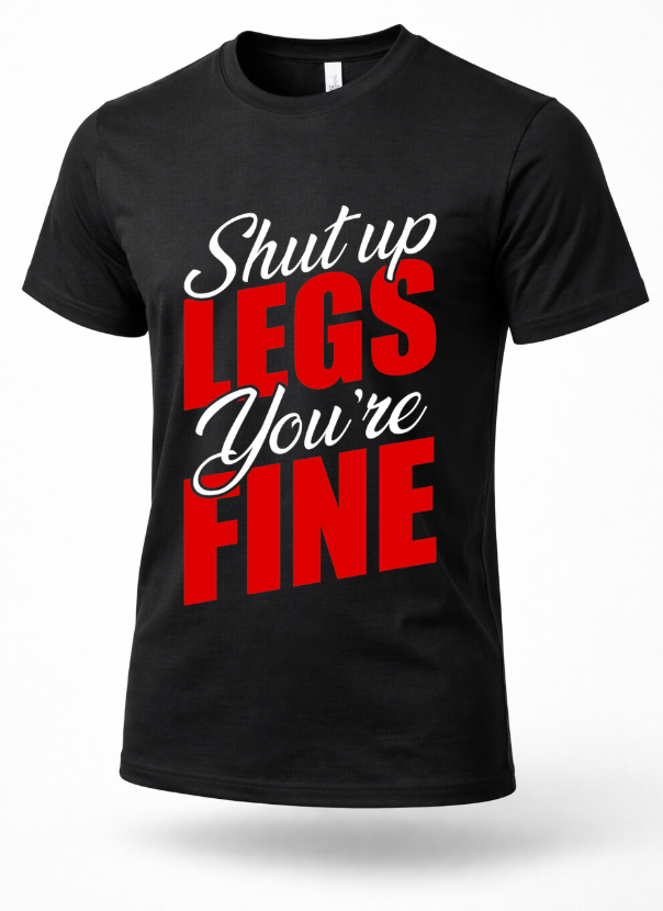 Black gym t-shirt with “Shut Up Legs You’re Fine” text, red and white lettering