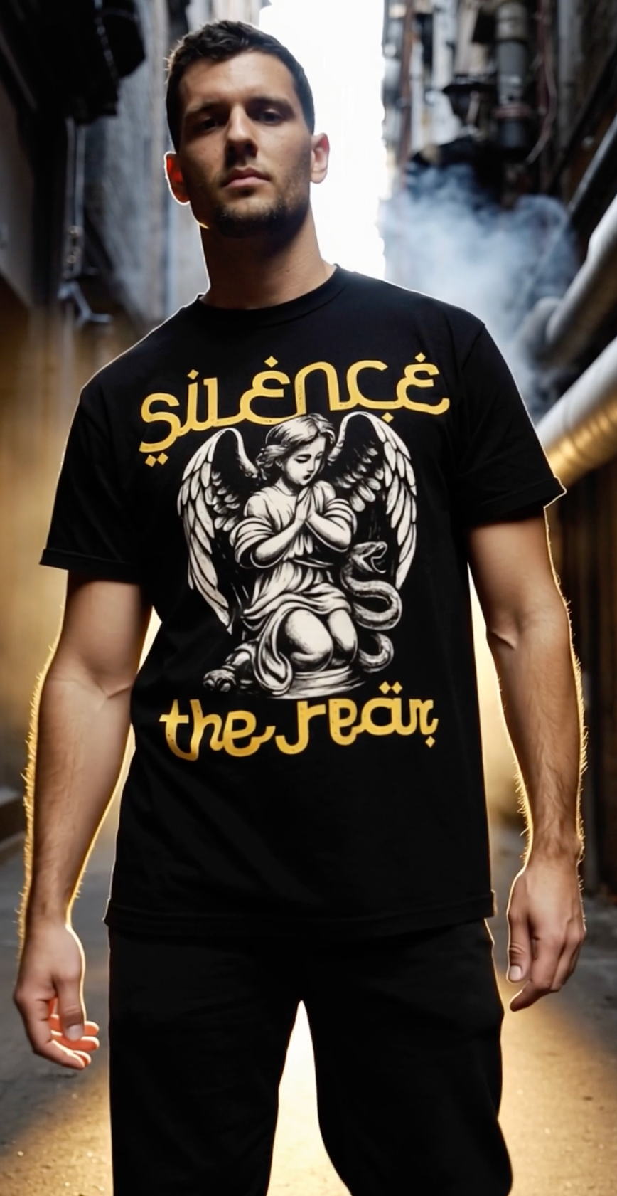 Silence the Lambs dark humor graphic t-shirt featuring gothic angel artwork worn as edgy streetwear