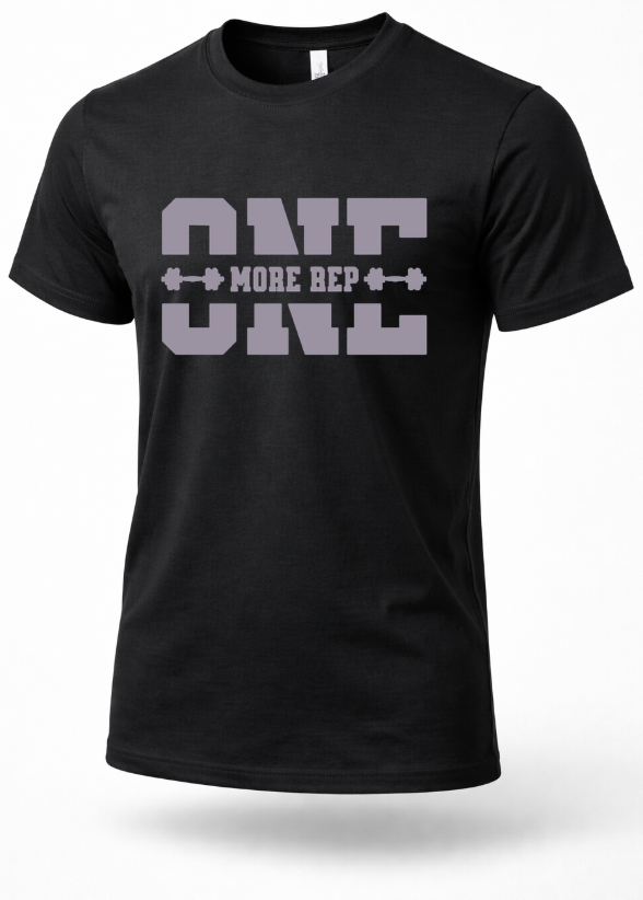 Black “One More Rep” gym t-shirt with grey print, motivational fitness and weightlifting shirt